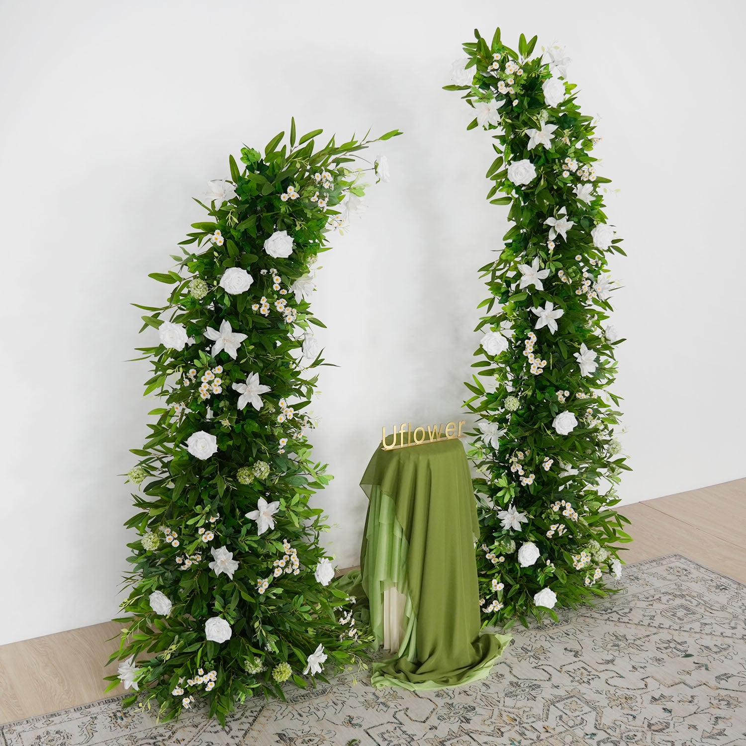 Uflower Outdoor Wedding Backdrop Horn Arch Decor Green Leaves Floral Arrangement