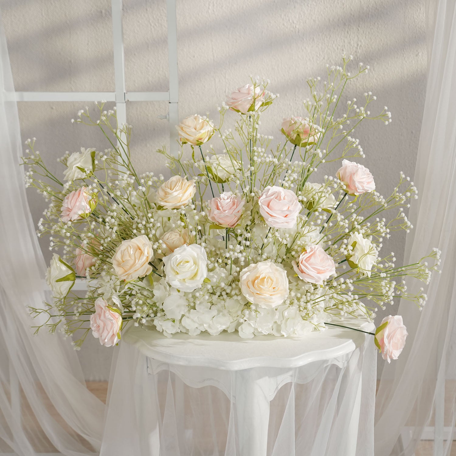Uflower Champagne White Babysbreath Rose Arrangement Wedding KT Backdrop Decor