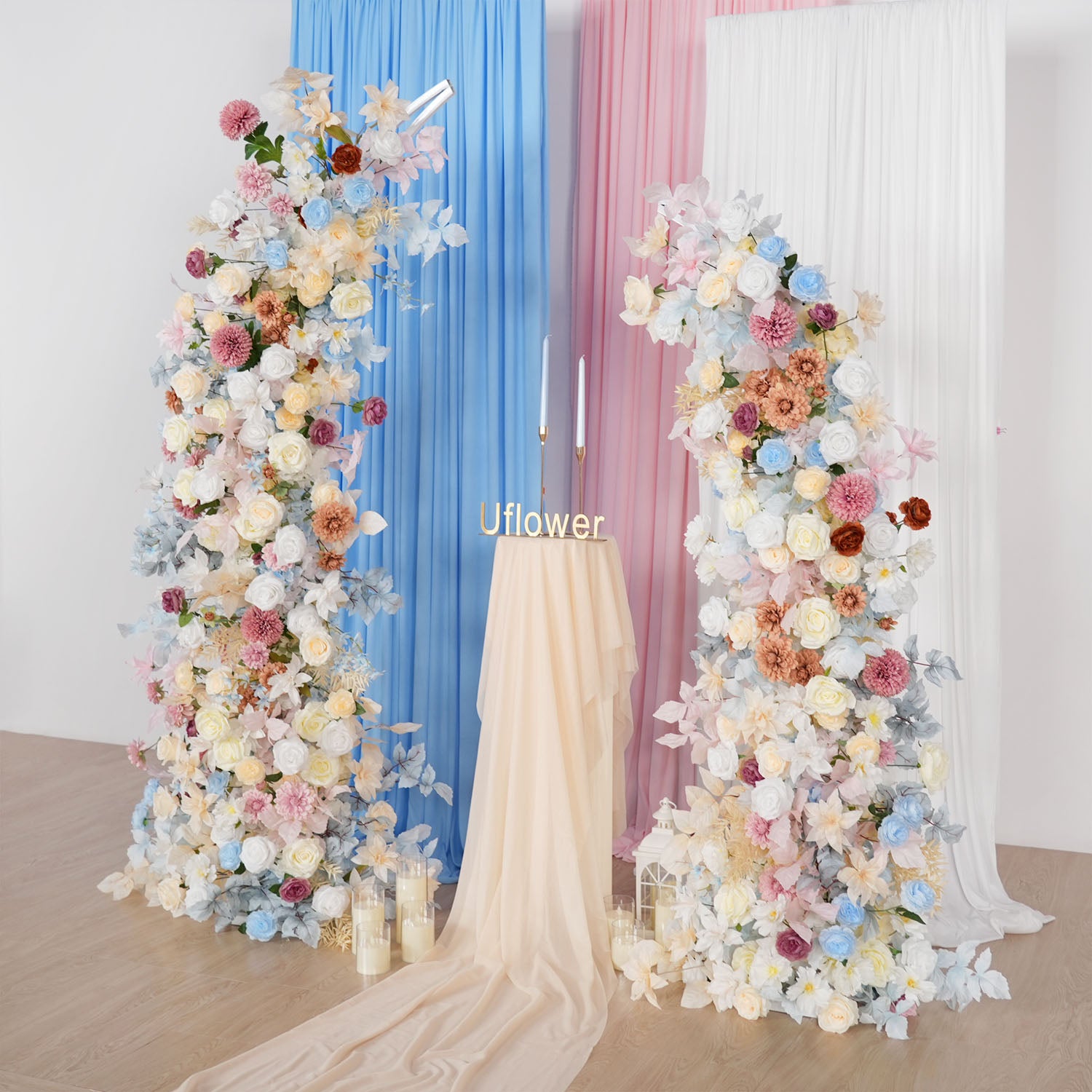 Uflower Pink Blue Champagne Horn Arch Decor Wedding Backdrop Floral Ball Arrangement