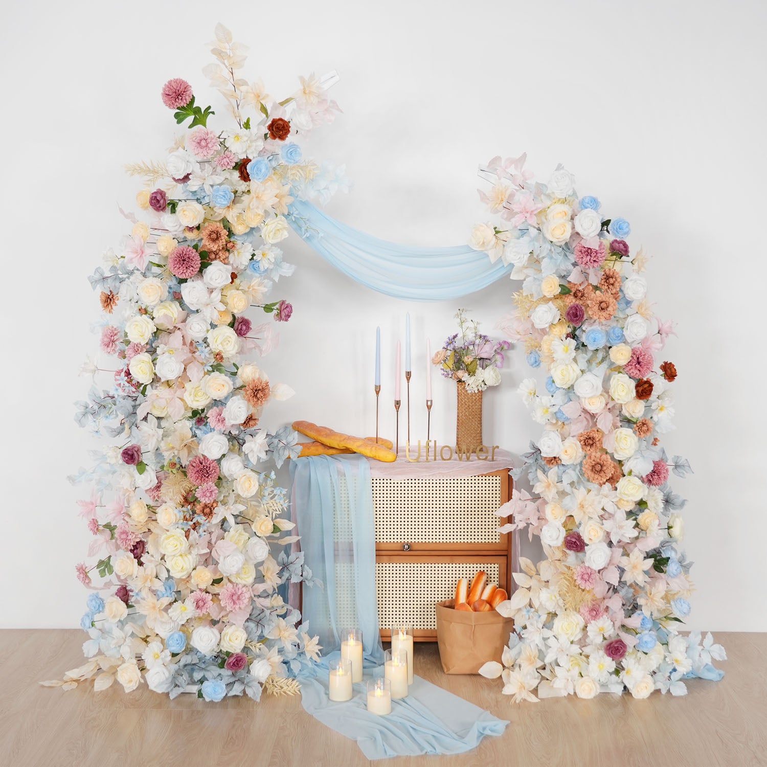 Uflower Pink Blue Champagne Horn Arch Decor Wedding Backdrop Floral Ball Arrangement