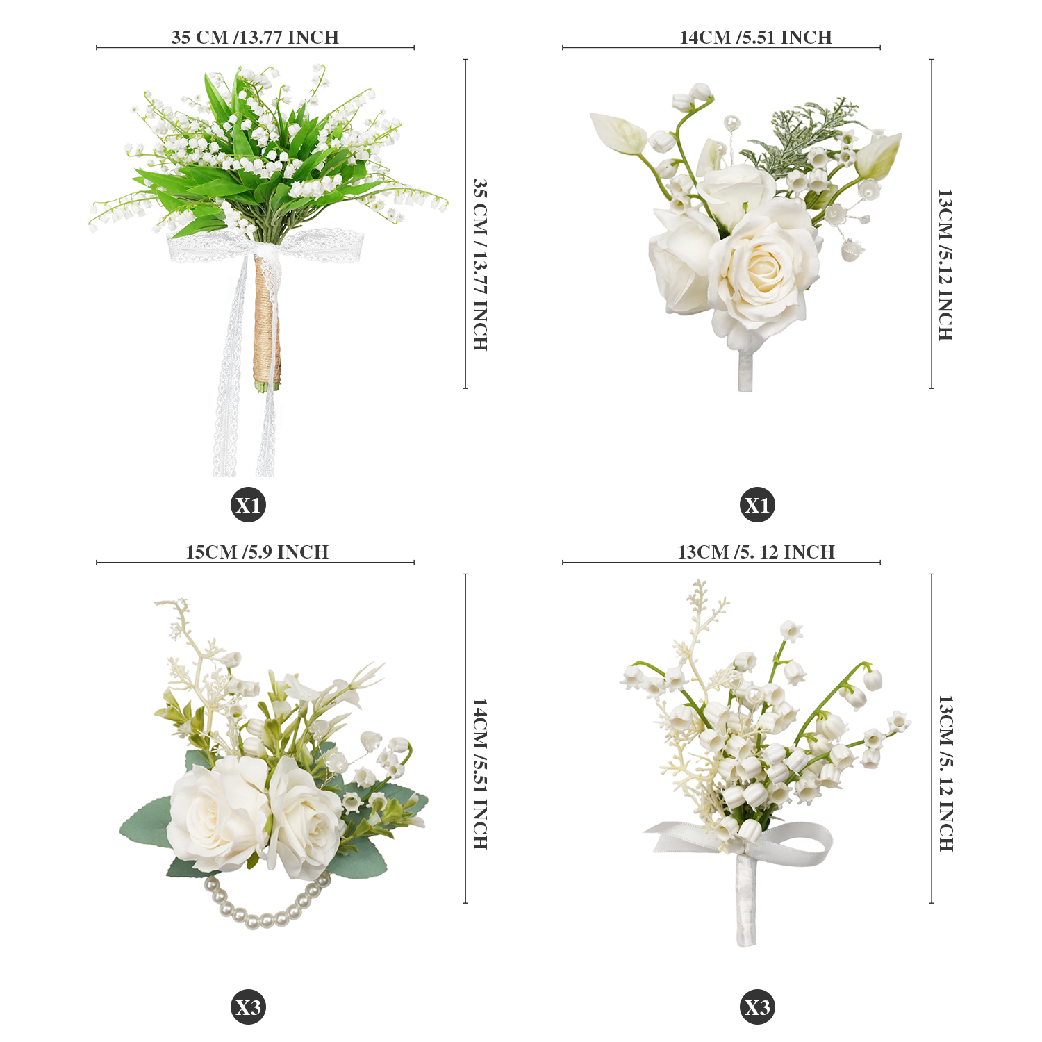 Uflower White Series With Greenery  Bride Bouquet Wrist Corsage Groom Boutonniere Wedding Event Supplies