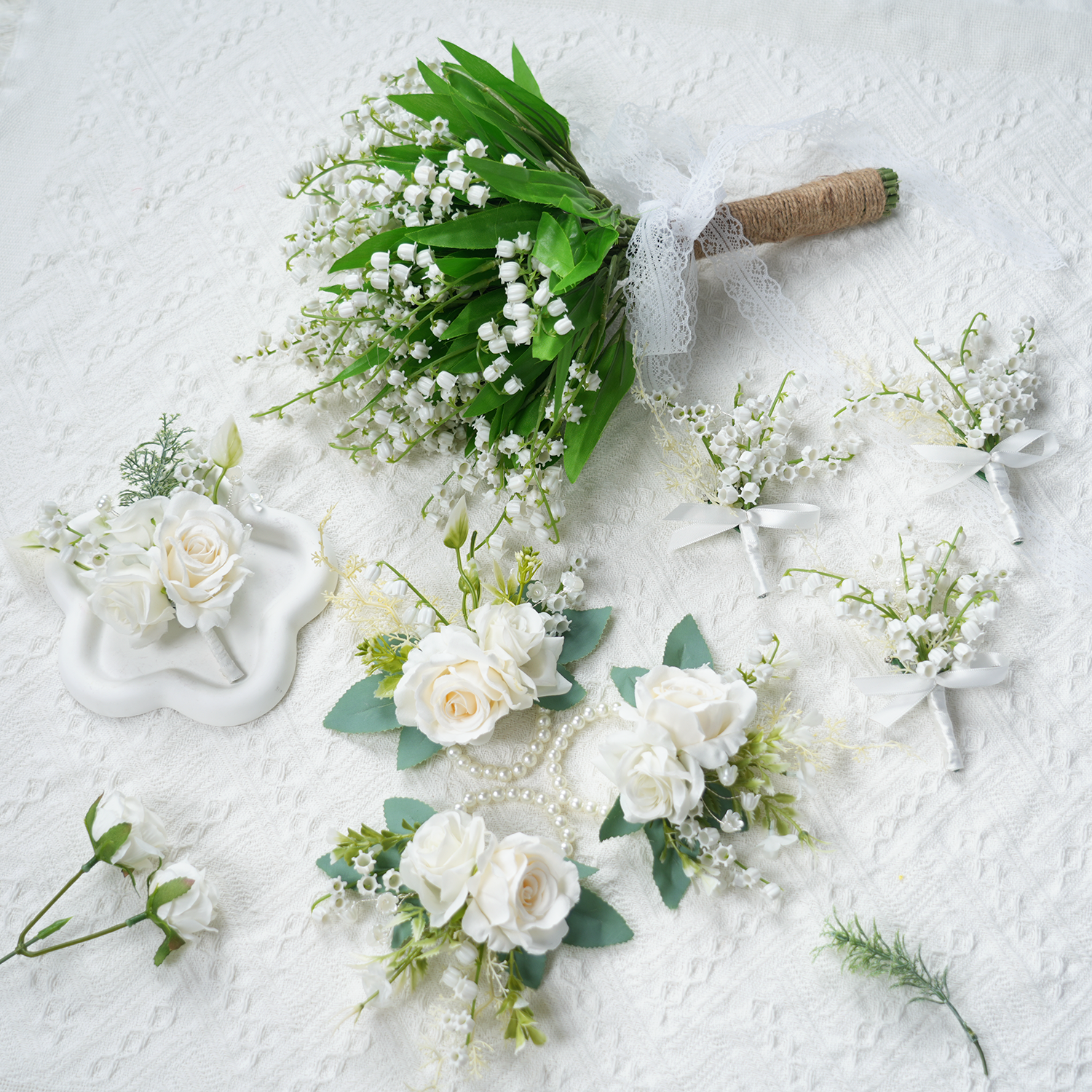 Uflower White Series With Greenery  Bride Bouquet Wrist Corsage Groom Boutonniere Wedding Event Supplies