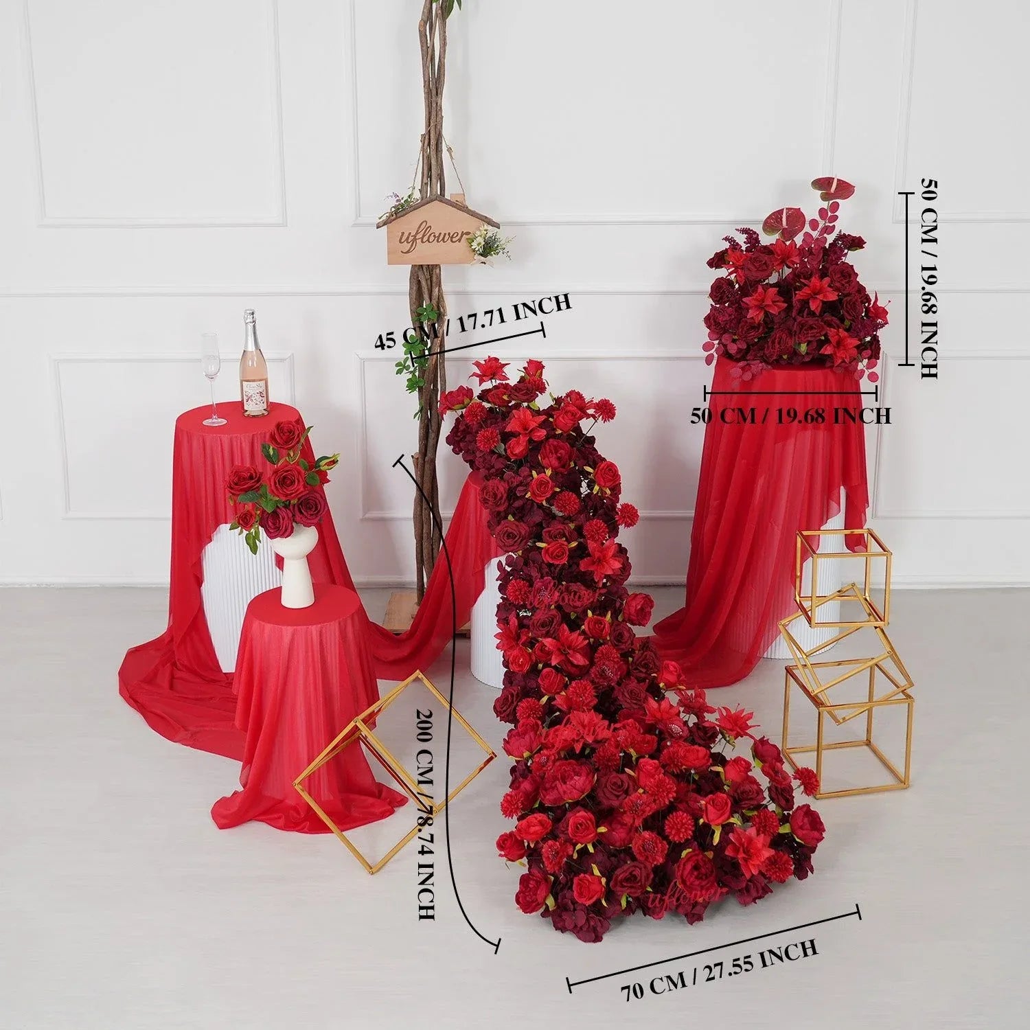 Uflower Dark Red Rose Flower Row Decor KT Board Wedding Arrangement Props SET80210 - Uflower