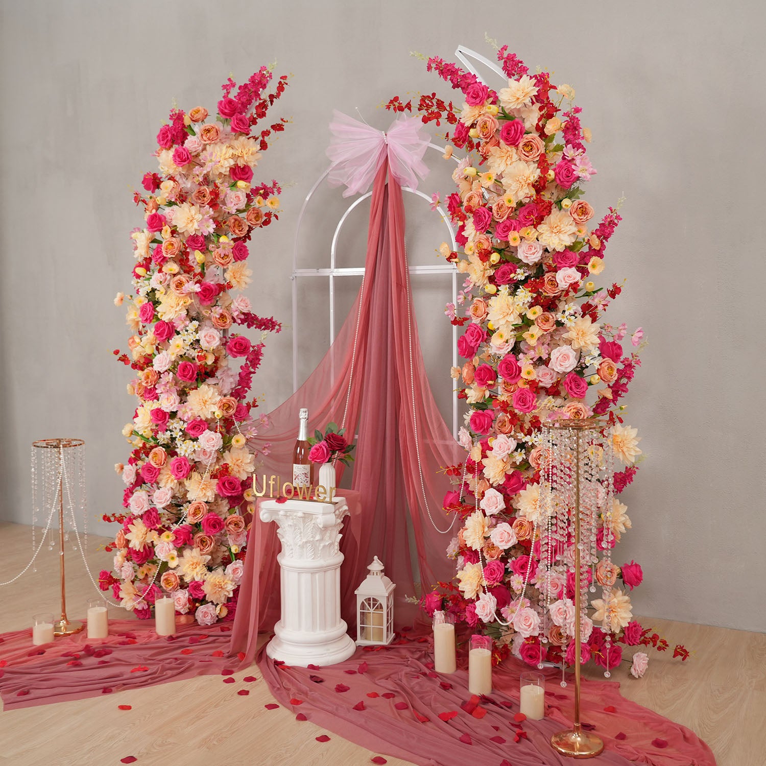 Uflower Champagne Pink Flower Horn Arch Wedding Party Birthday Backdrop Decor
