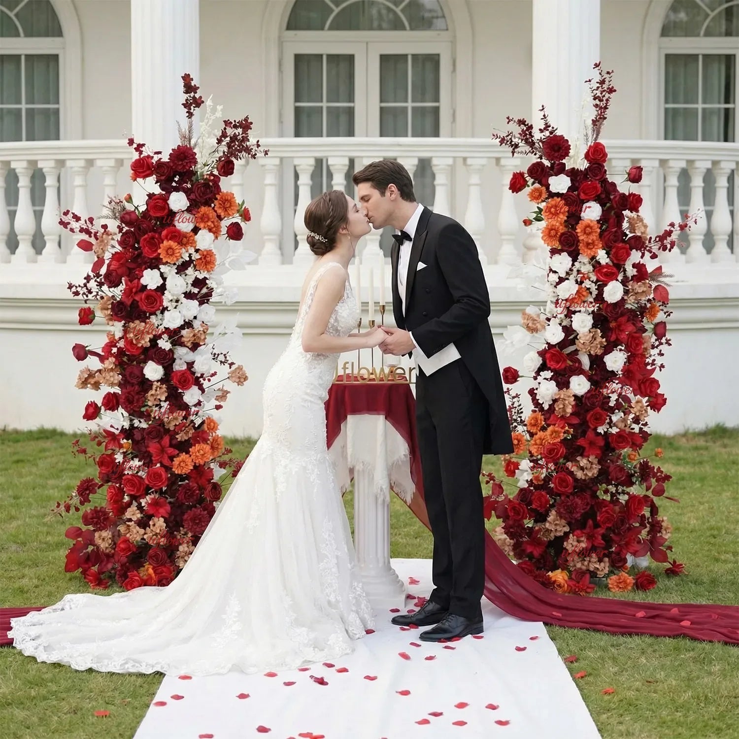 Uflower Autumn Red Rose Floral Arrangement Horn Arch Wedding Backdrop Decor SET80134 - Uflower