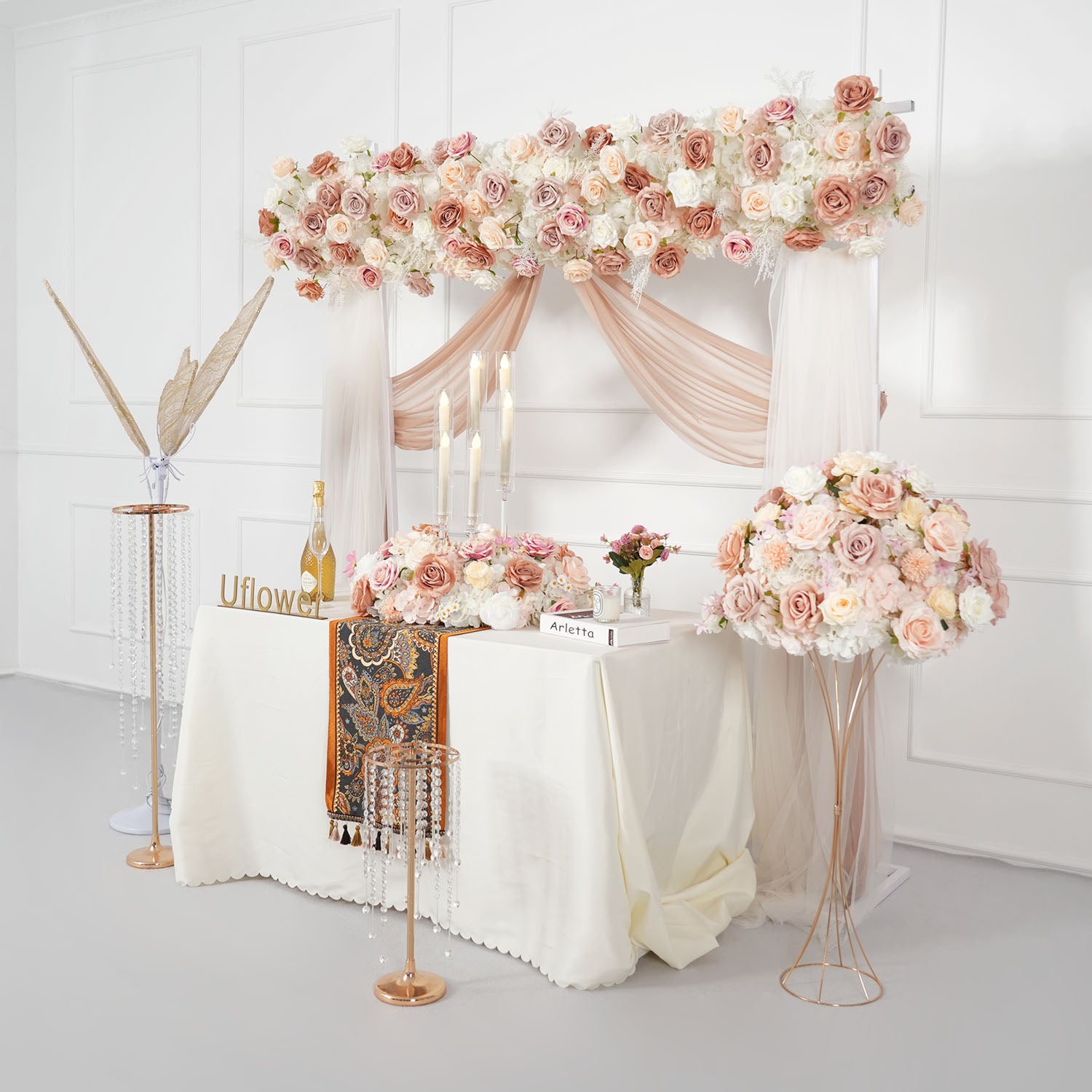 Uflower Champagne Pink Rose Arrangement Wedding Backdrop Floral Props