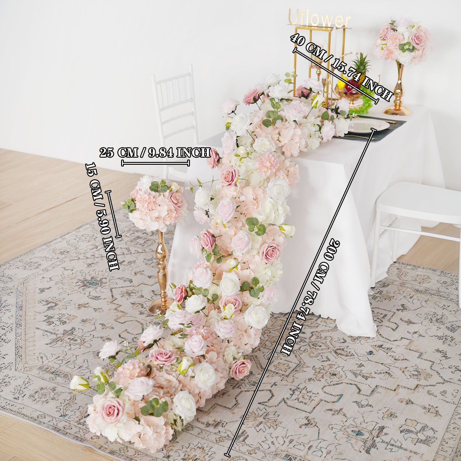 Uflower Pink Rose Table Runner Sofa Floral Wedding Backdrop Decor