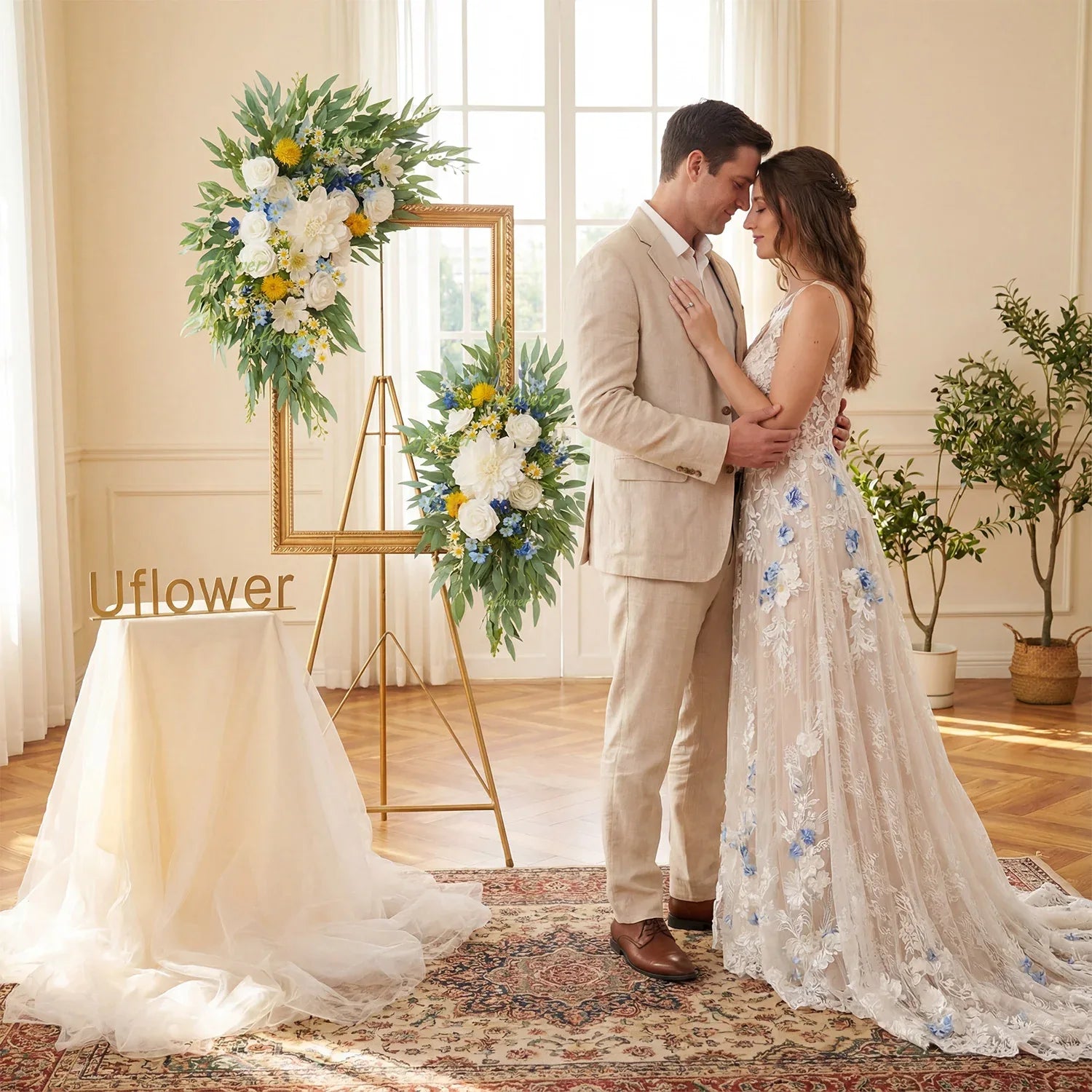 Uflower Rose Green White Flower Willow Leaf Wedding Welcome Flower Floral Decor - Uflower