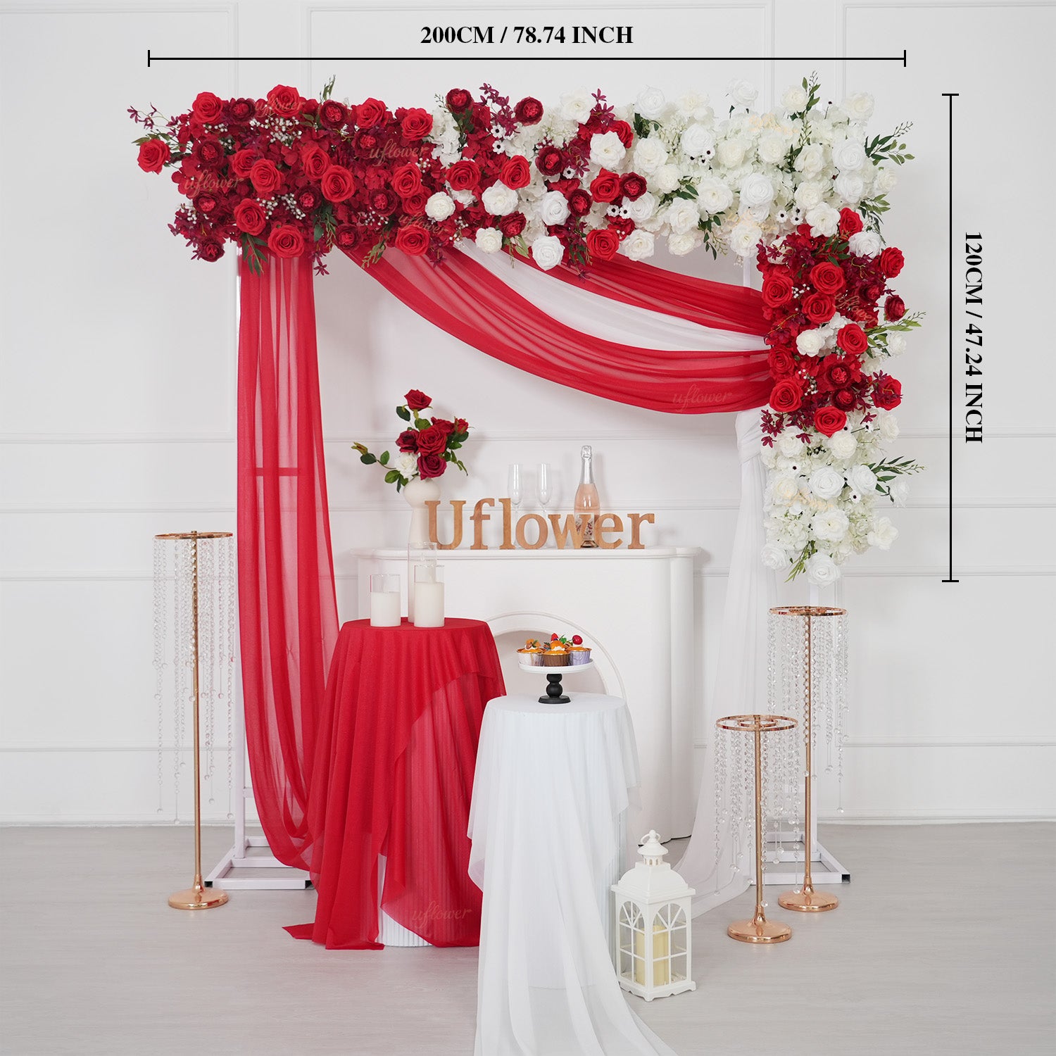Uflower Artificial Red White Rose Flower Row Wedding KT Backdrop Decor