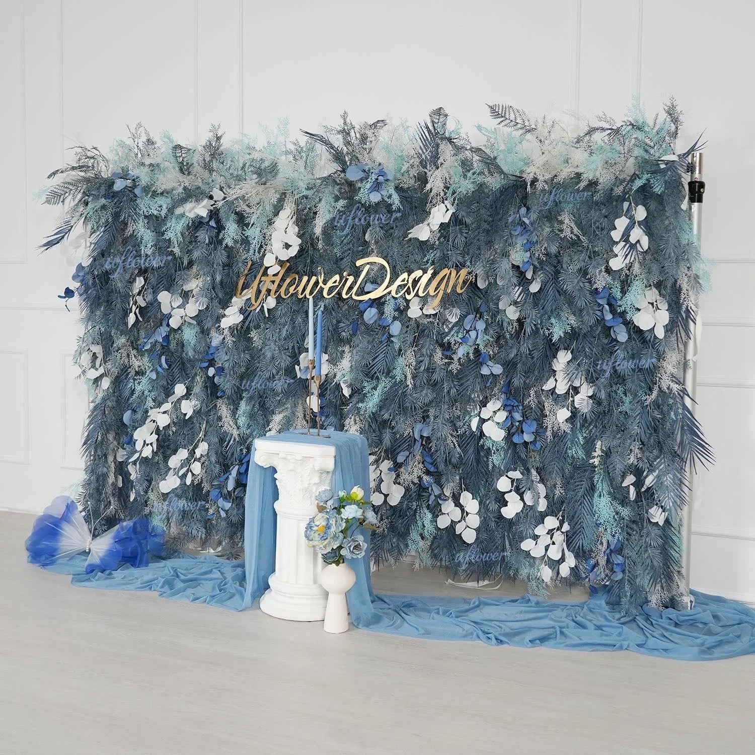 Uflower Flower Wall Mist-Blue Leaves Floral Backdrop Wedding Party Proposal Decor SET80182 - Uflower