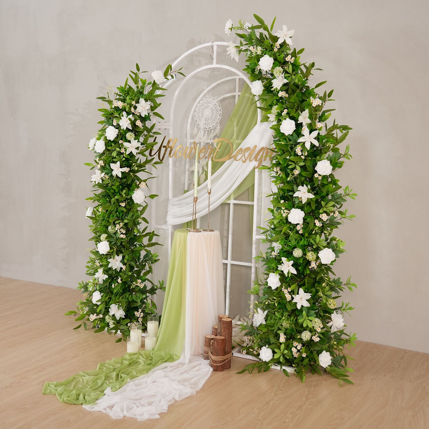 Uflower White Green Floral Arrangement Horn Arch Wedding Backdrop Props
