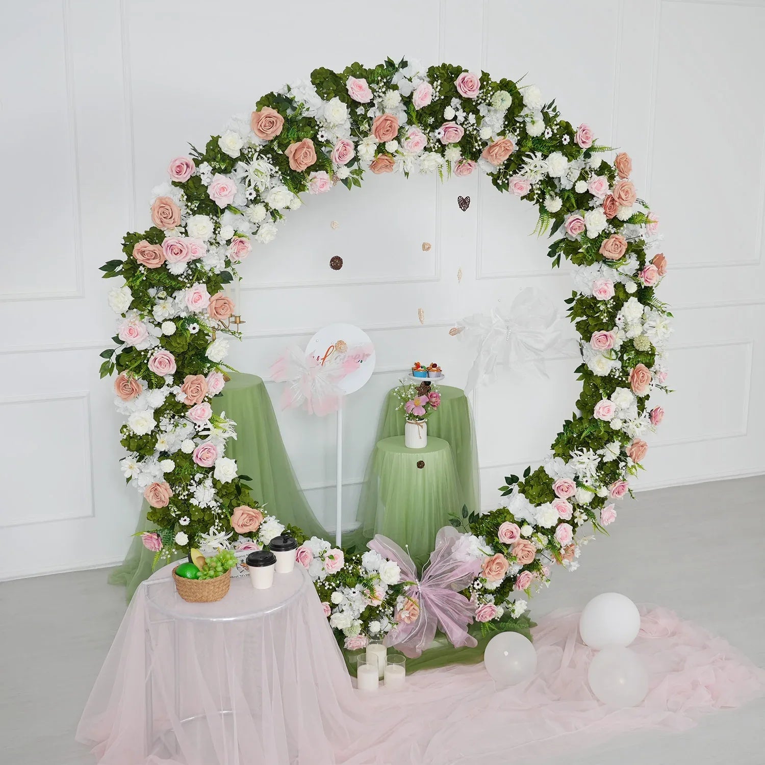 Uflower Pink White Greenery Flower Arrangement Table Runner Round Arch SET80201 - Uflower