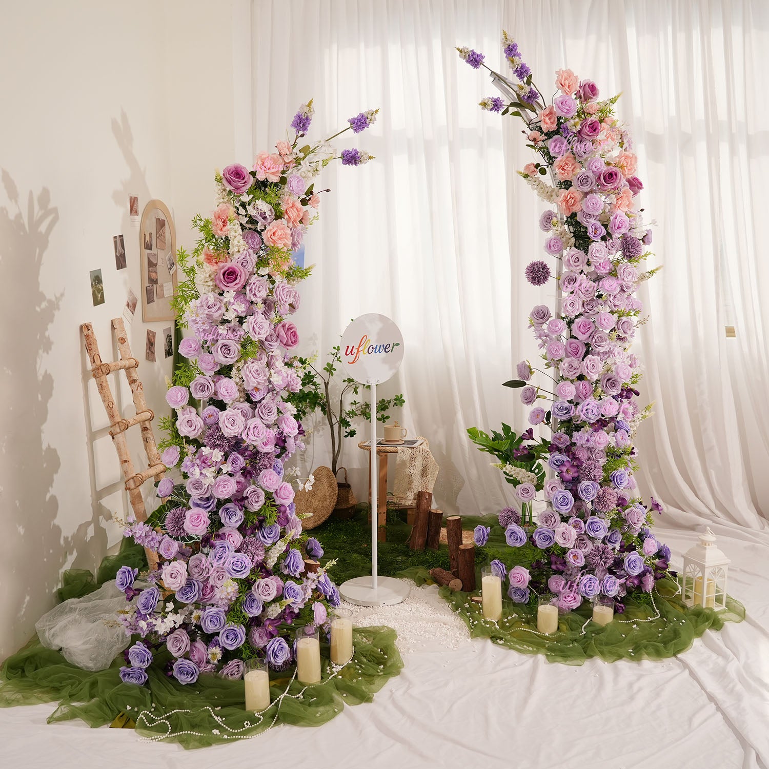 Uflower Gradient purple Floral Horn Arch Wedding Party Backdrop Decor