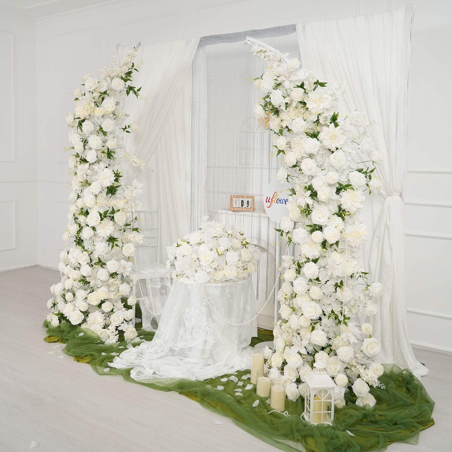 Uflower White Dahlia Floral Horn Arch Wedding Party Backdrop Decor