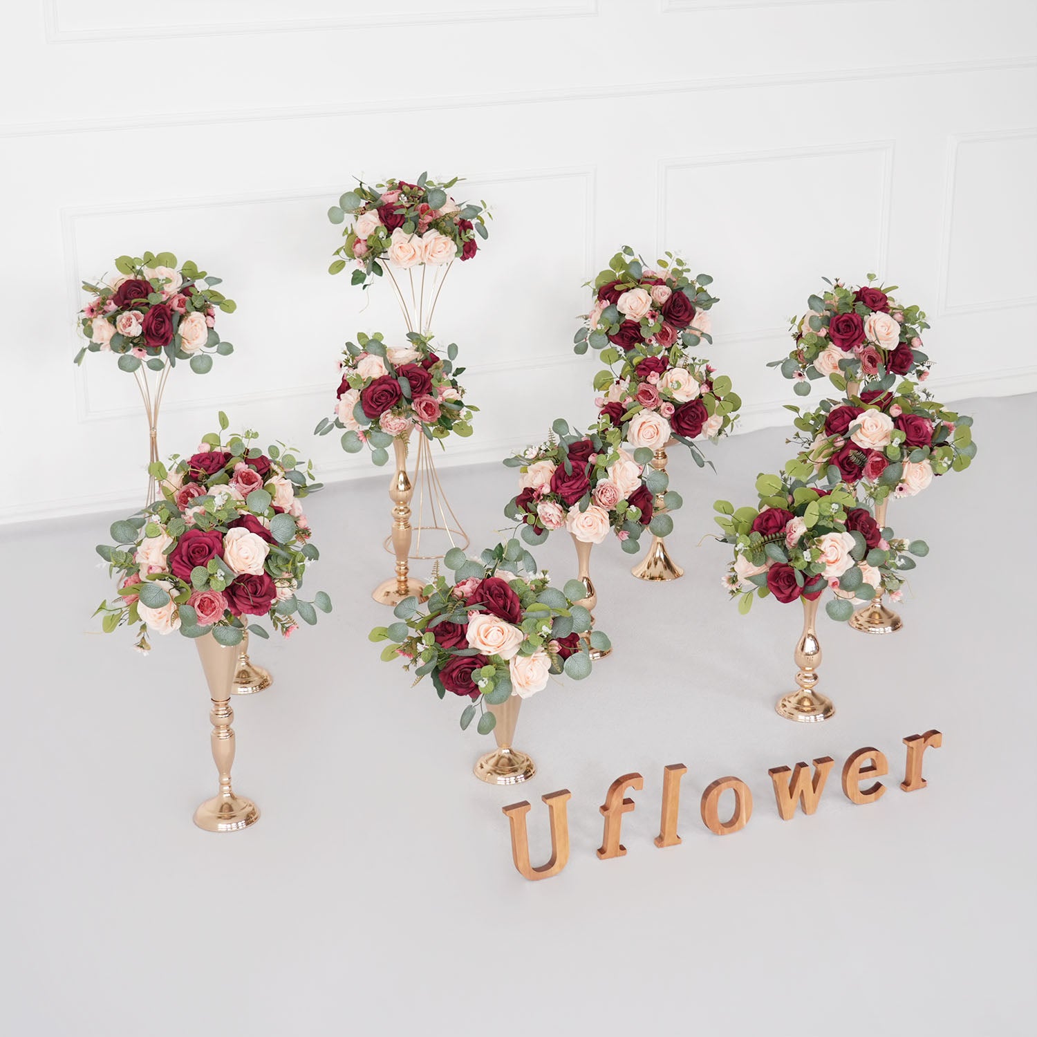 Uflower Red Rose Green Leaf Table Centerpieces Floral Ball Wedding Decoration