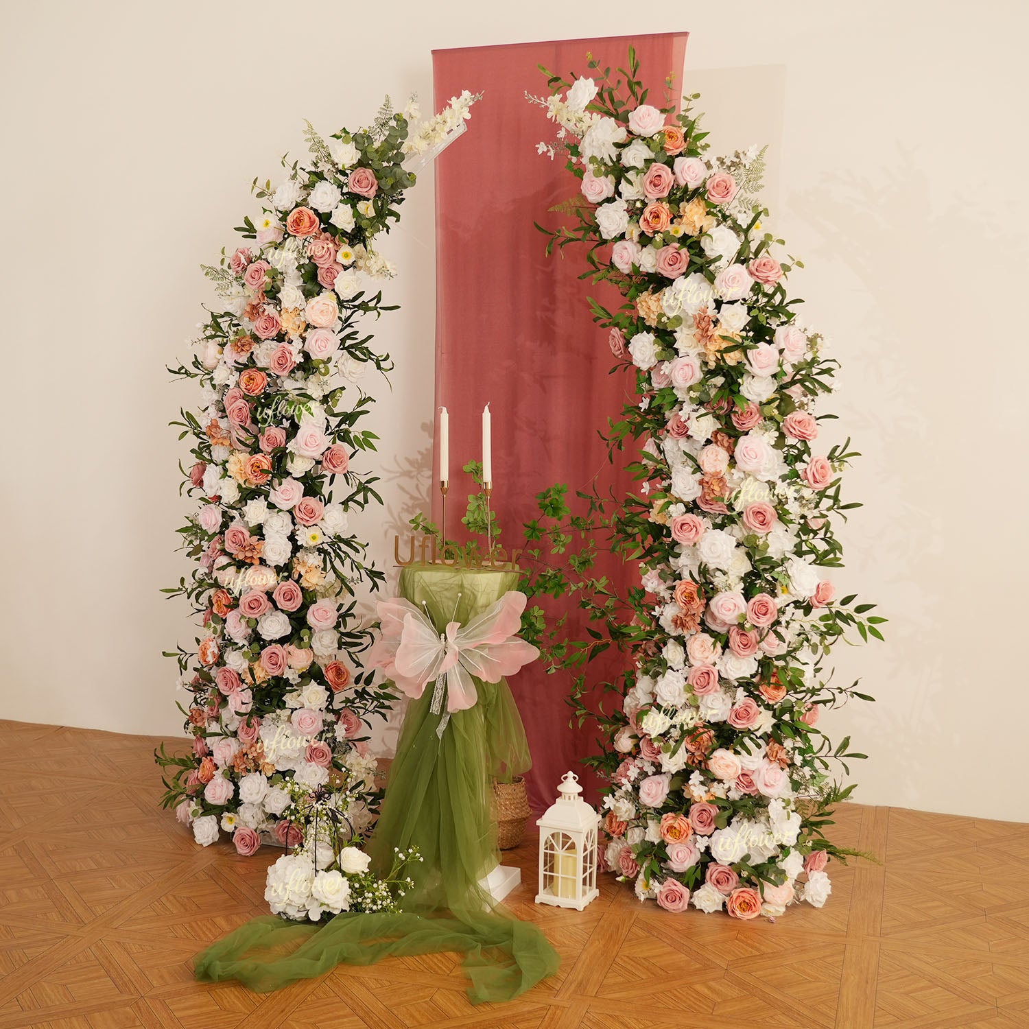 Uflower Blush Pink White Flower Horn Arch Wedding Party Birthday Backdrop Decor