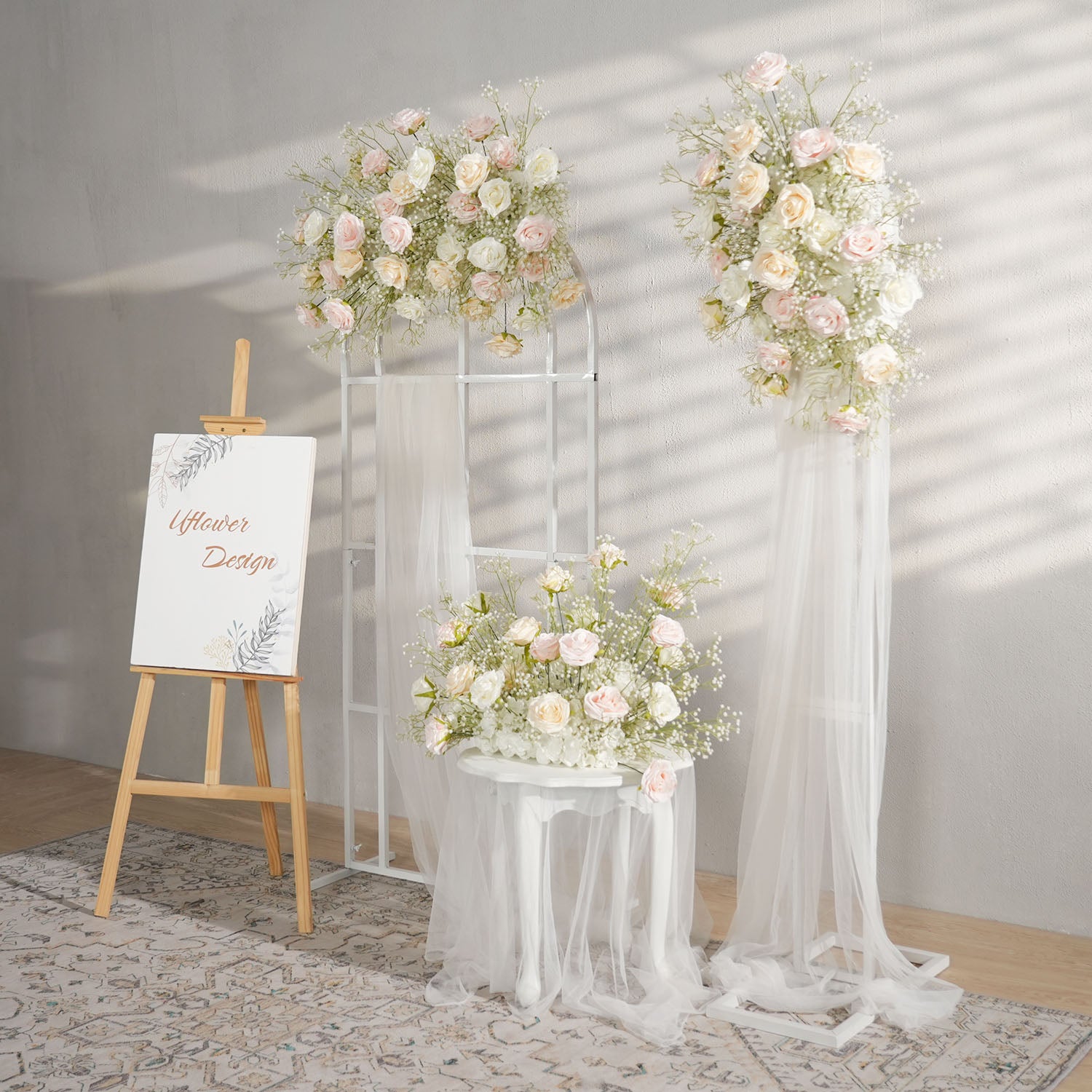 Uflower Champagne White Babysbreath Rose Arrangement Wedding KT Backdrop Decor