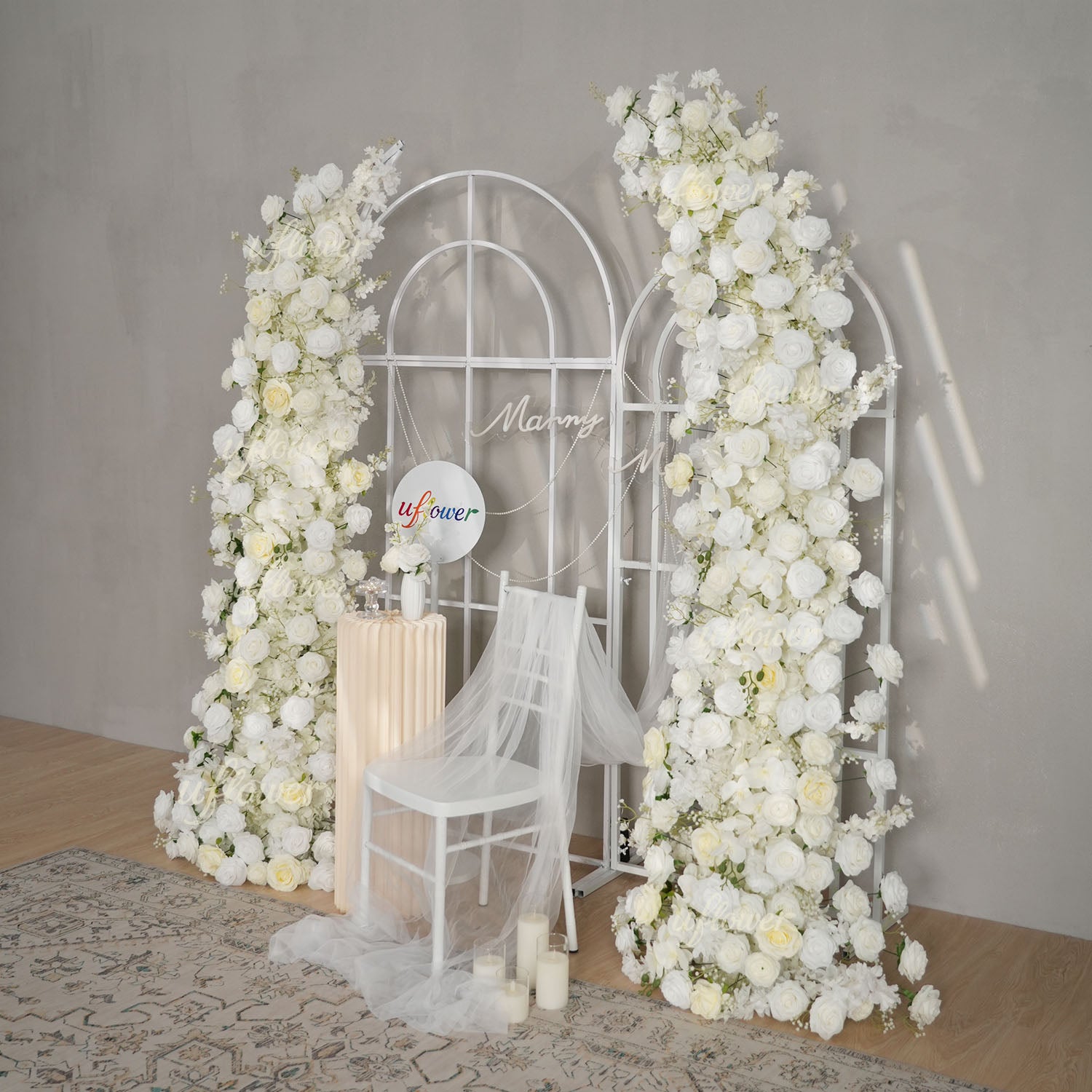Uflower White Rose Horn Arch Floral Arrangement Wedding Backdrop Decor