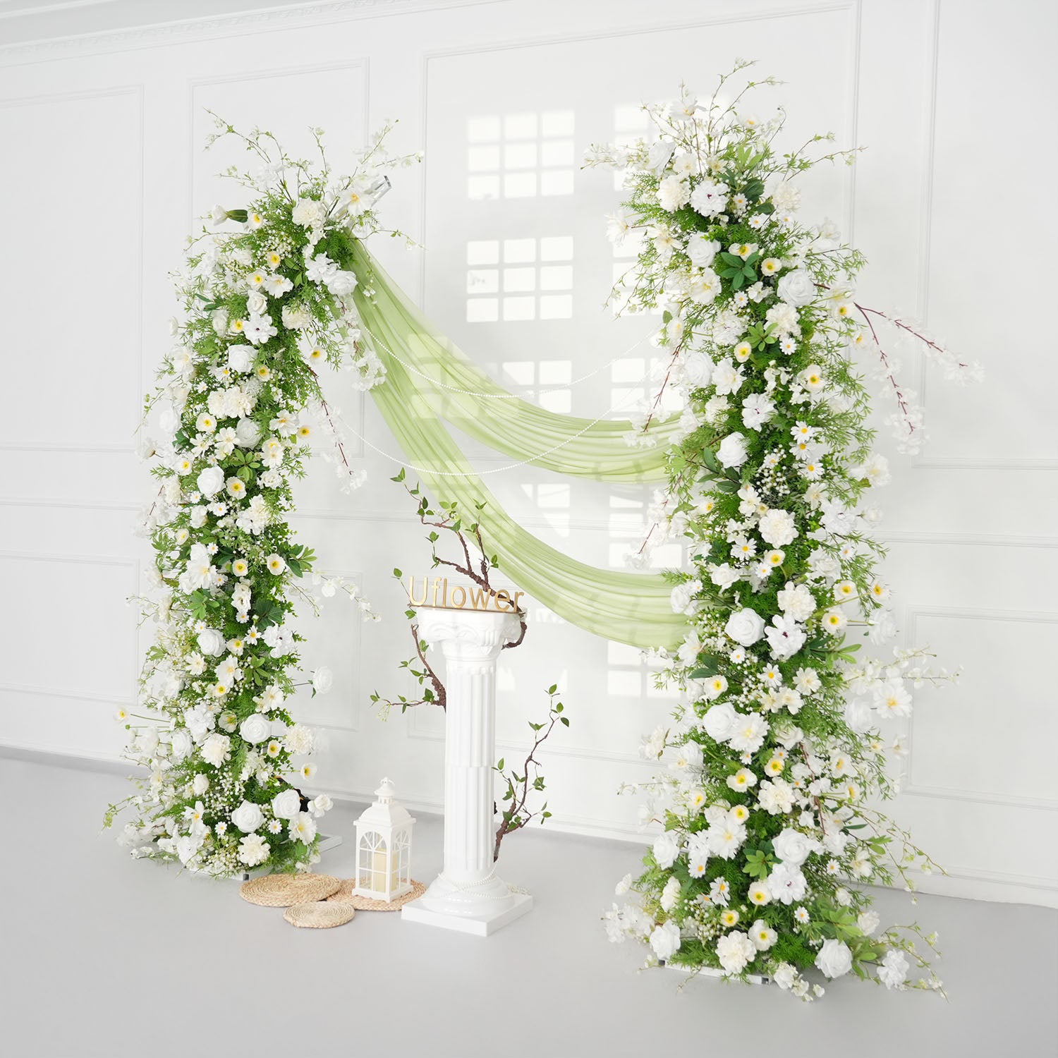Uflower Green White Floral Horn Arch Wedding Party Backdrop Decor