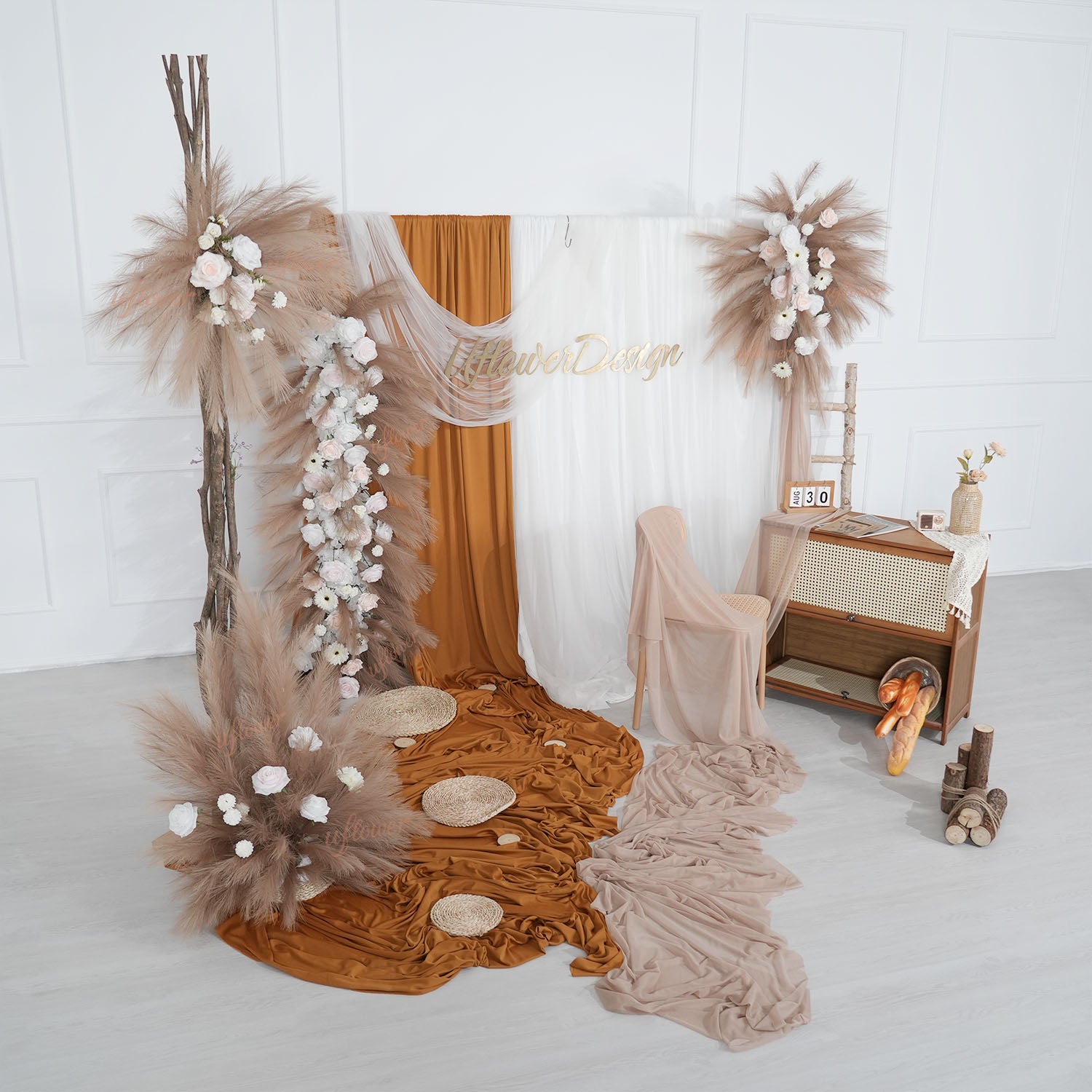 Uflower Pampas Grass Rose Wedding Floral Arrangement KT Backdrop Decor
