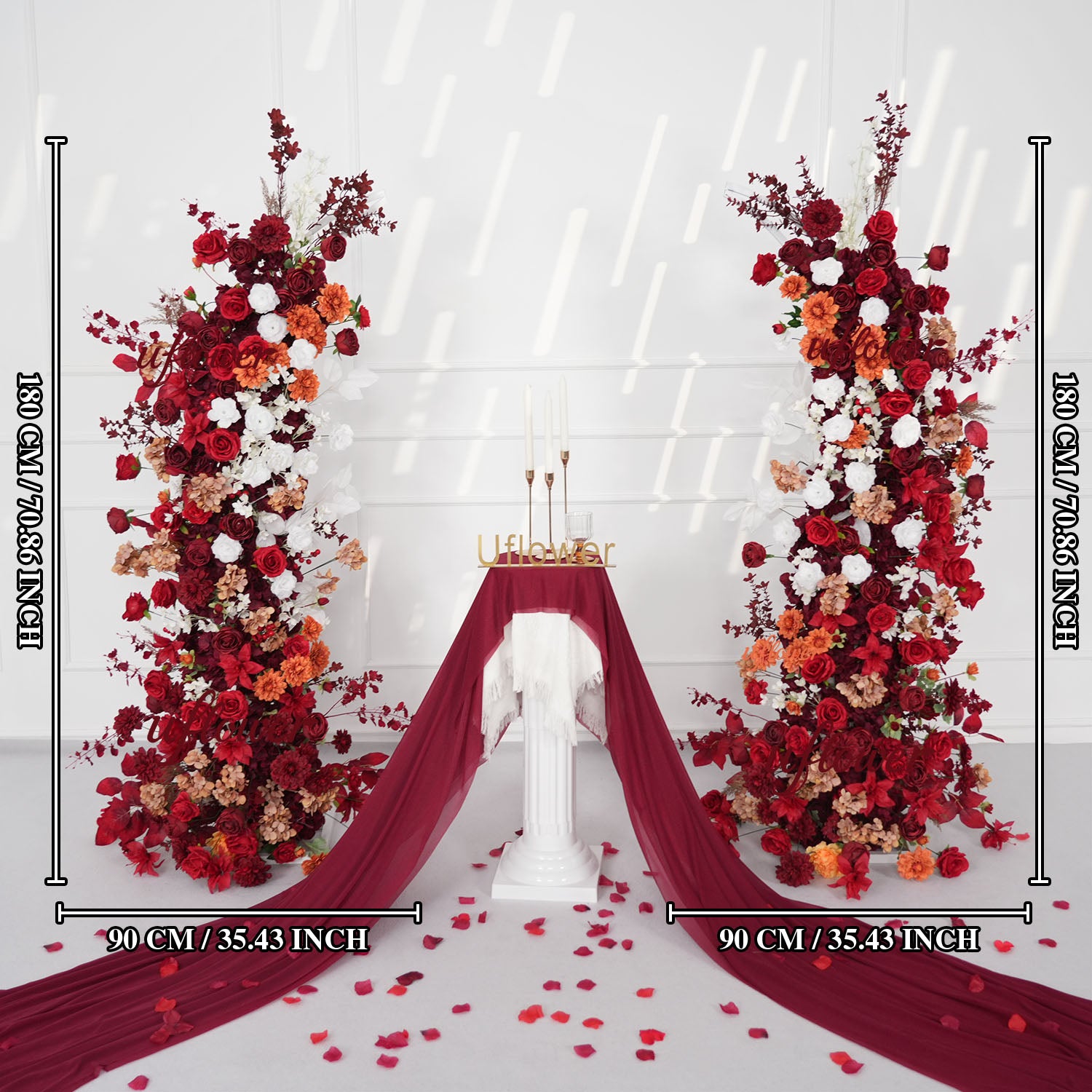 Uflower Autumn Red Rose Floral Horn Arch Wedding Party Backdrop Decor