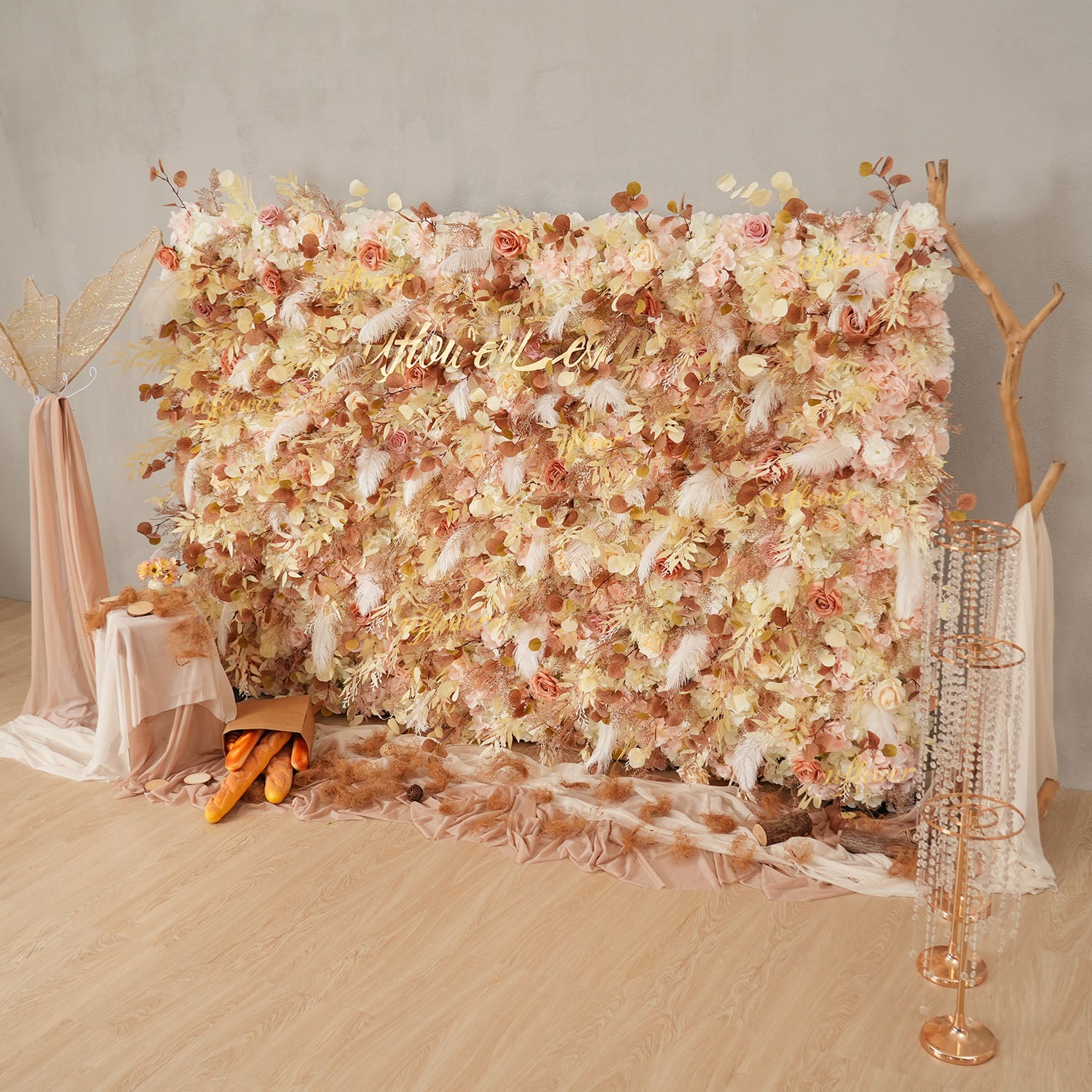 Uflower Flower Wall Champagne Khaki Floral Backdrop Wedding Party Proposal Decor