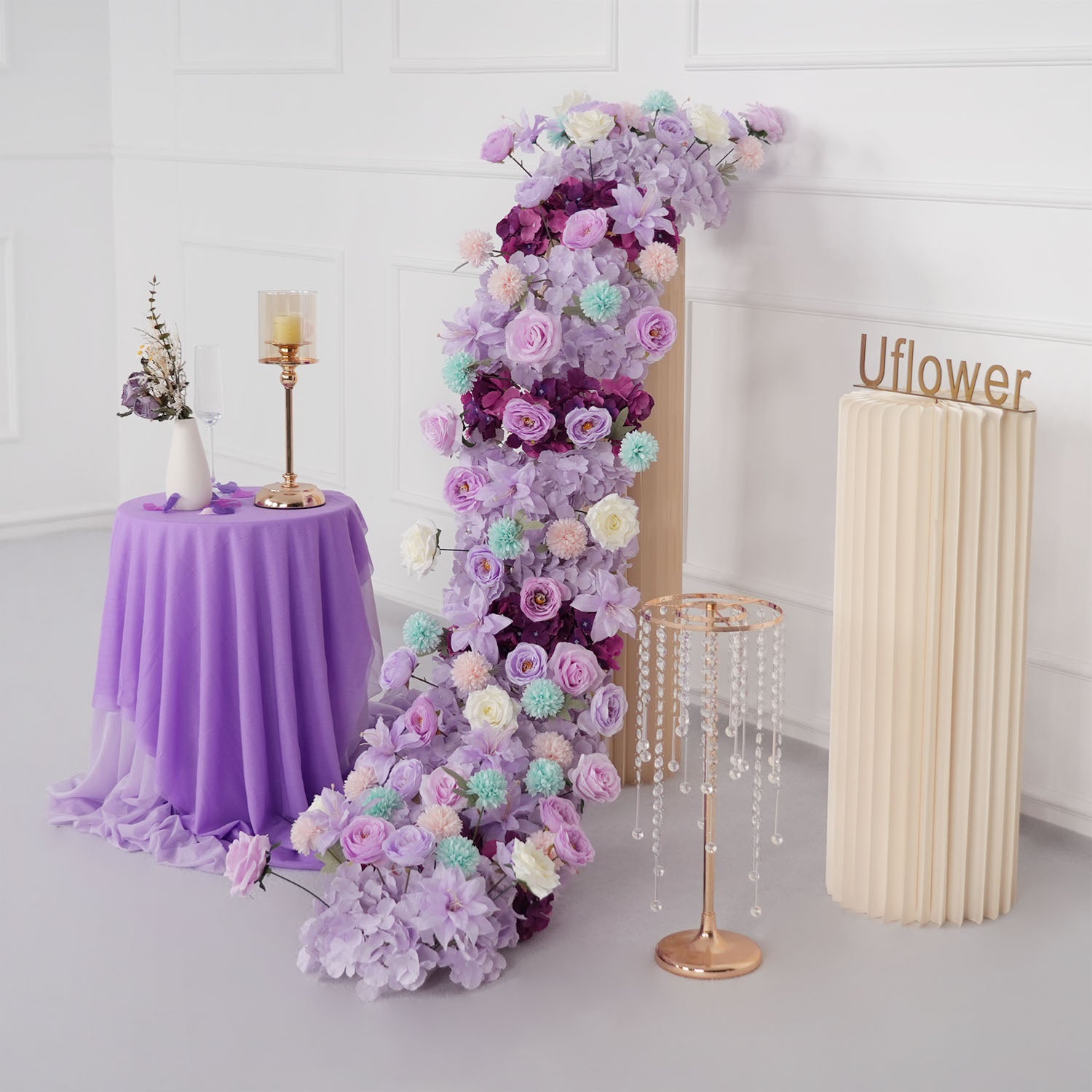 Uflower Purple Flower Row Sofa Table Runner Floor Flower Arrangement