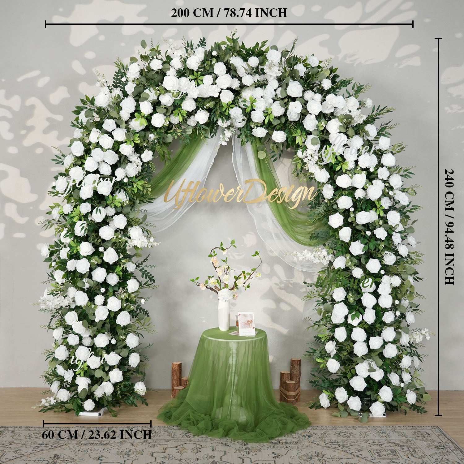 Uflower White Rose Green Leaf Floral Row Decor Wedding Backdrop Door Arch