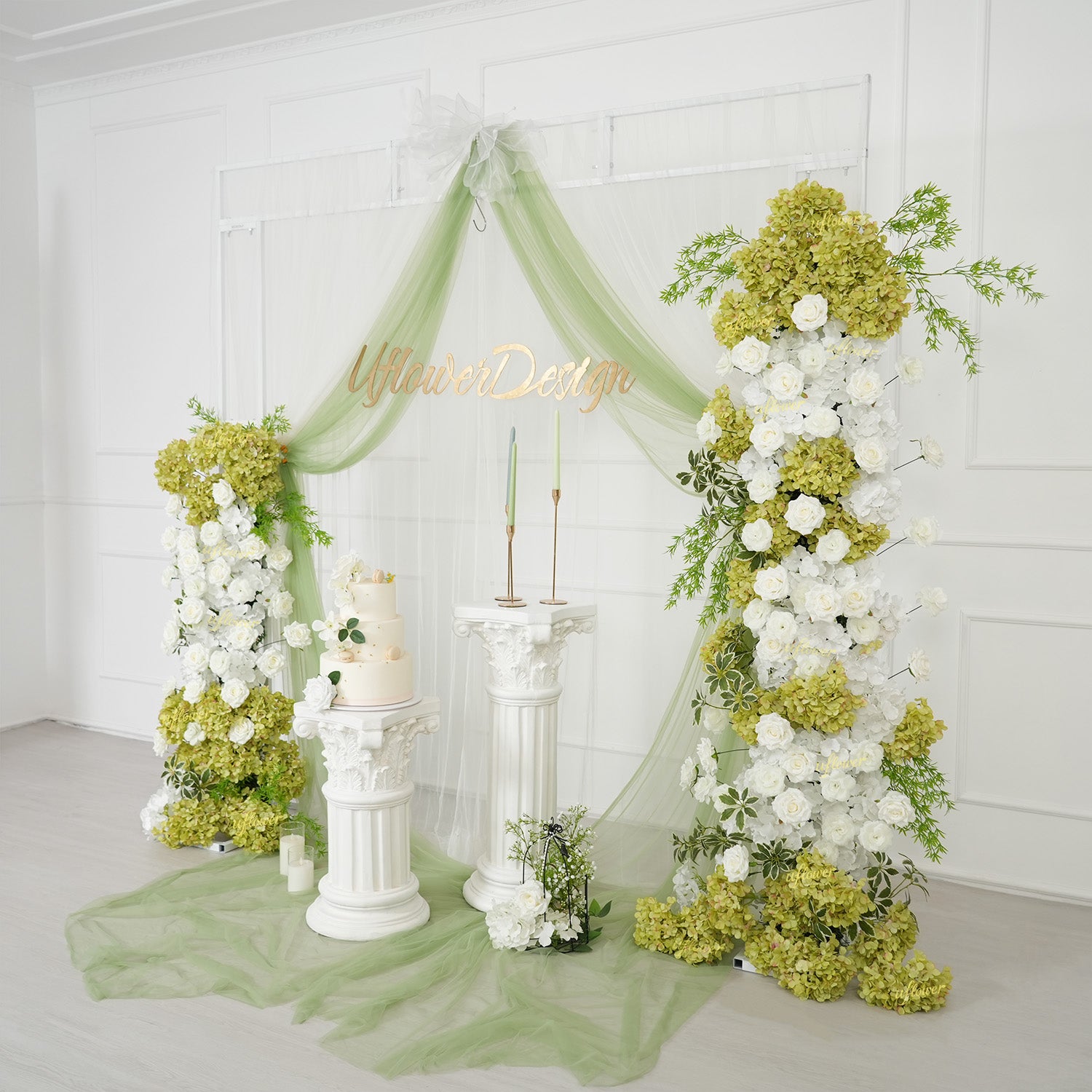 Uflower Artificial Green White Hydrangea Rose Flower Row Wedding KT Backdrop Decor