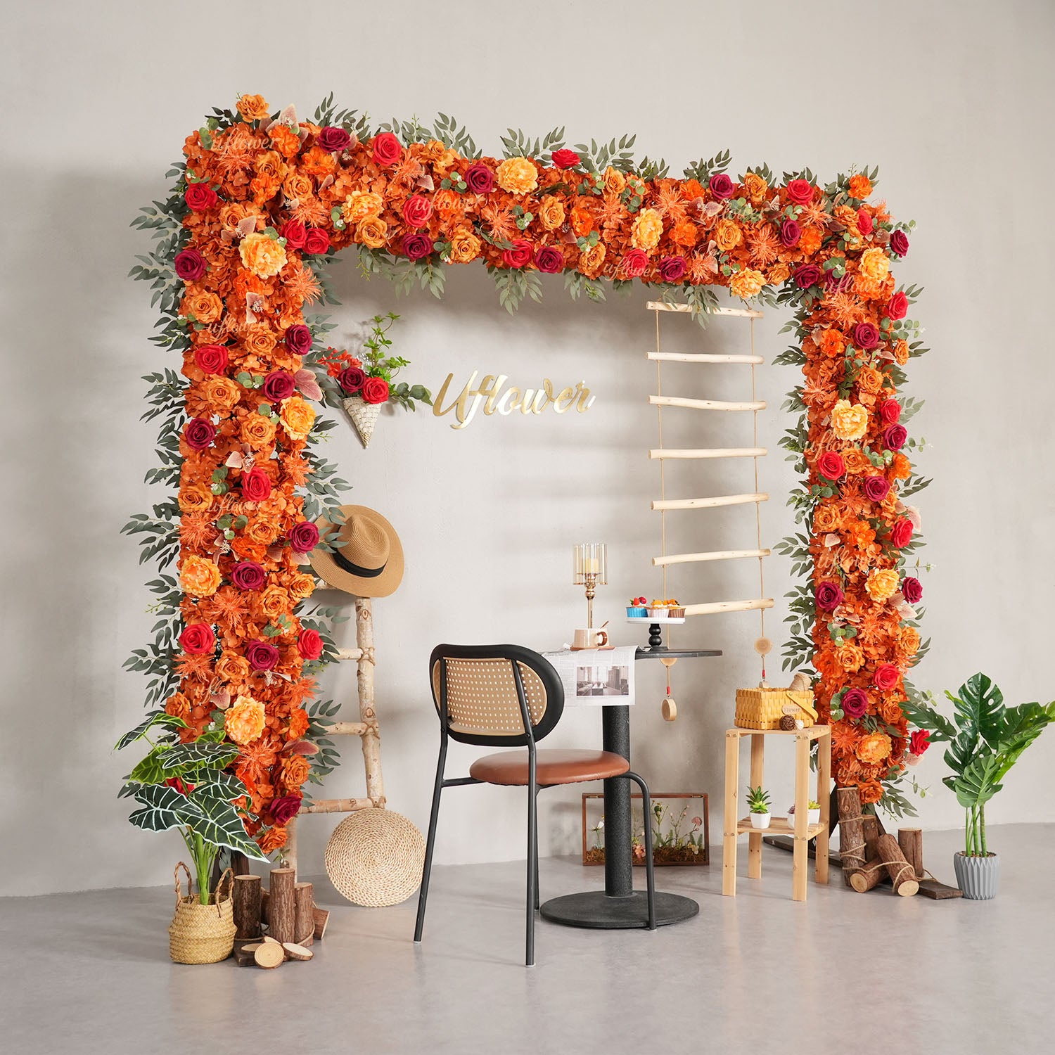 Uflower Orange Red Rose Floral Square Arch Wedding Party Ceremony Backdrop Decor