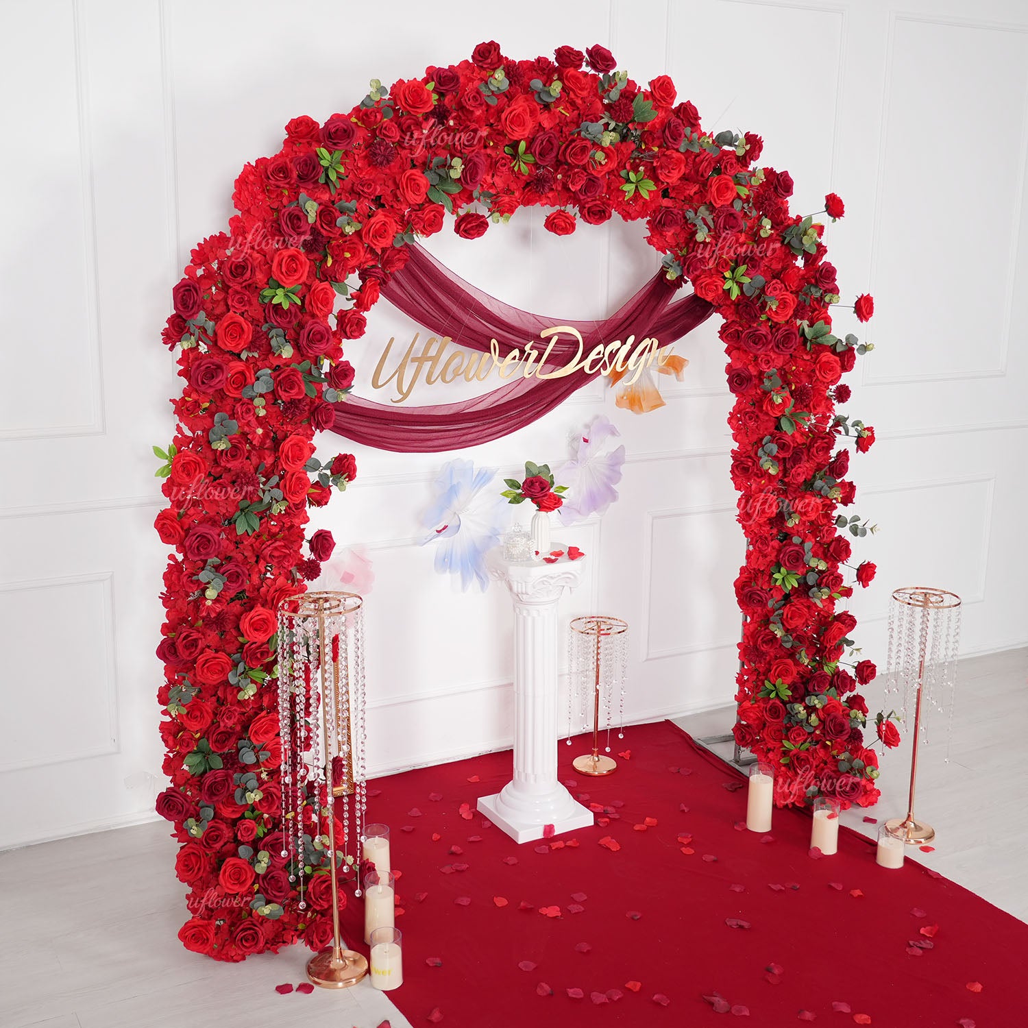Uflower Red Rose Greenery Floral Door Arch Wedding Party Backdrop Decoration