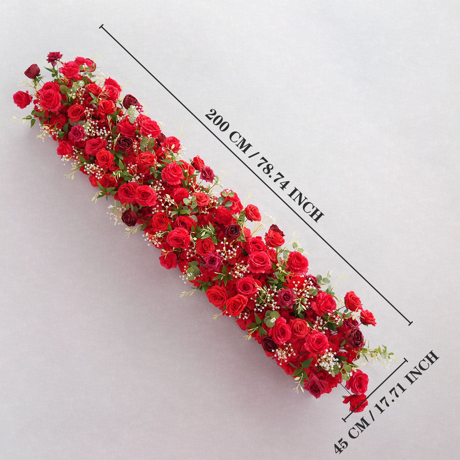 Uflower Artificial Red Rose Babysbreath Green Leaf Flower Row Wedding KT Backdrop Decor