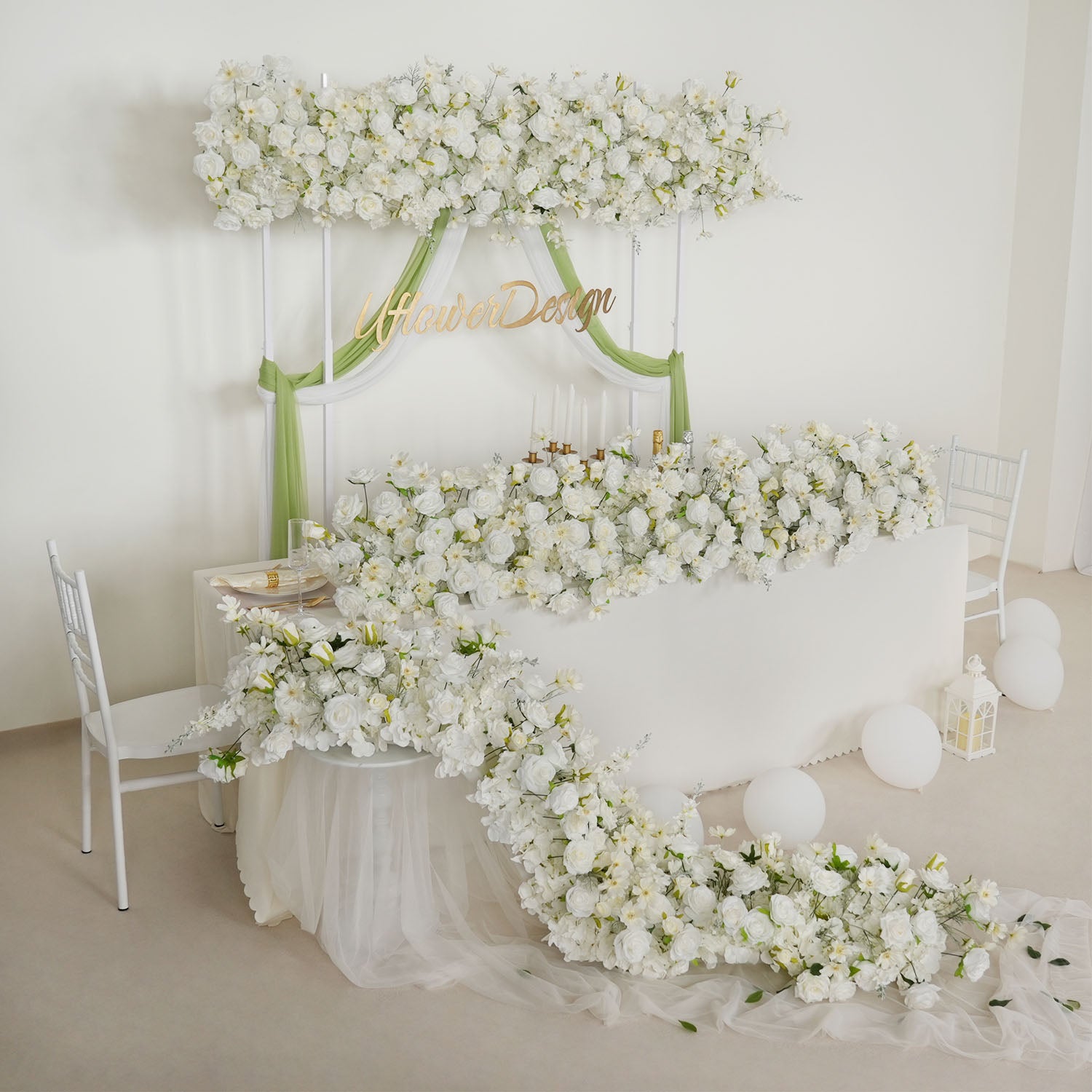 Uflower White Sofa Table Runner Floor Flower Arrangement Wedding KT Backdrop Decor