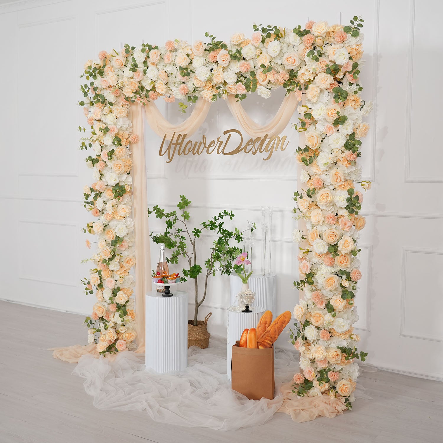 Uflower Champagne Rose Floral Square Arch Wedding Party Backdrop Decoration
