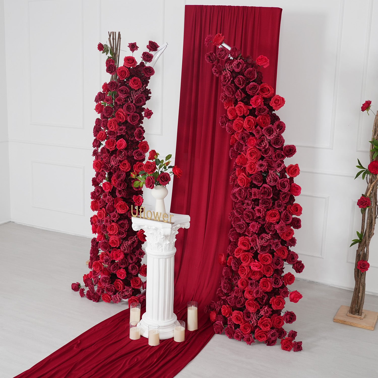 Uflower Red Rose Floral Horn Arch Wedding Party Backdrop Decor