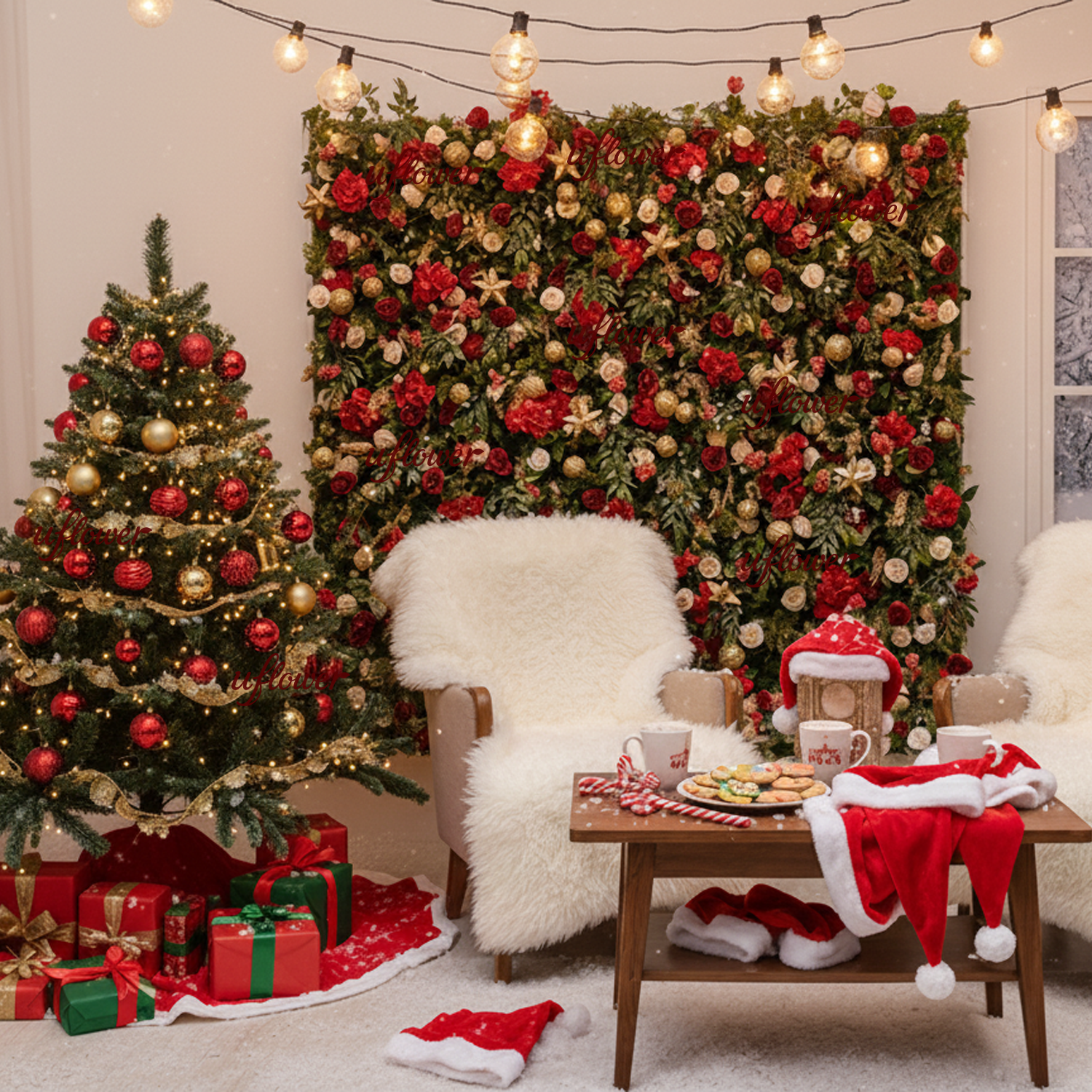 Uflower Christmas Red Gold Flower Wall  Luxurious Star & Ball Decorated Floral Backdrop Holiday Party Decor