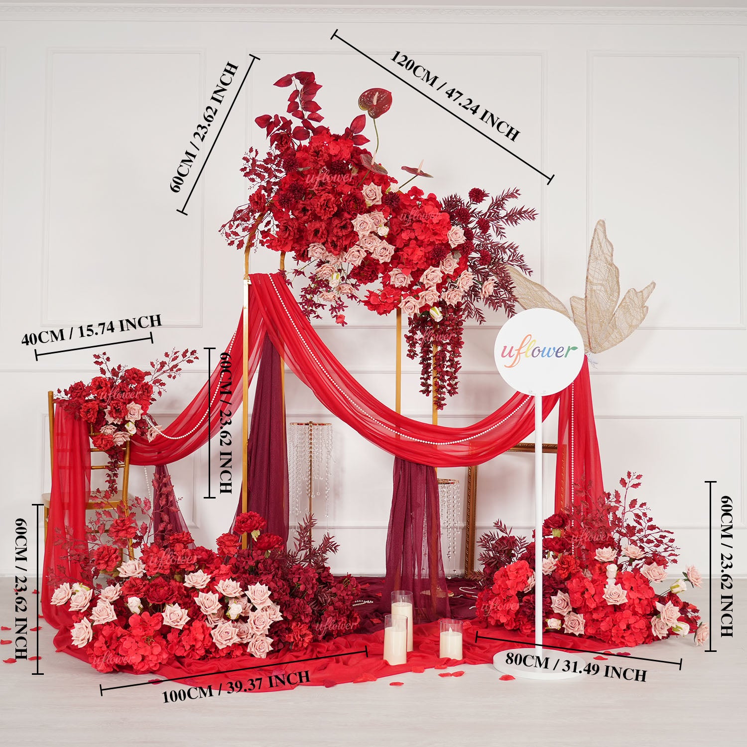 Uflower Red Flower Row Decor KT Board Wedding Arrangement Props