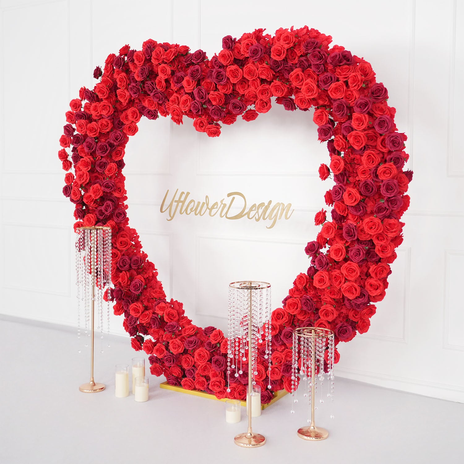 Uflower Luxury Red Rose Floral Arrangement Cloth Base Heart-Shaped Arch Props