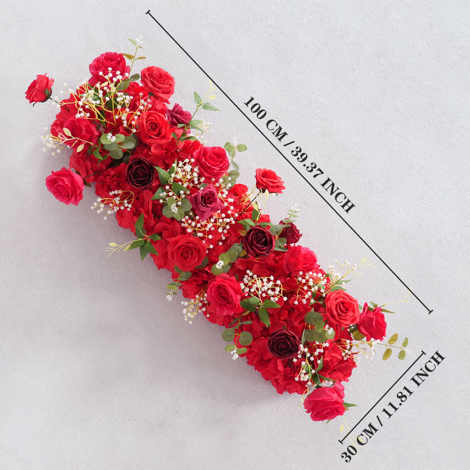 Uflower Artificial Red Rose Babysbreath Green Leaf Flower Row Wedding KT Backdrop Decor