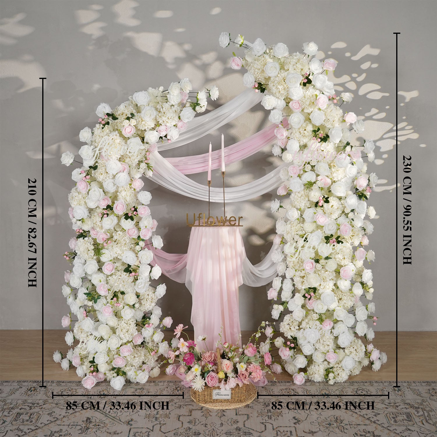 Uflower Pink White Rose Floral Horn Arch Wedding Party Backdrop Decor