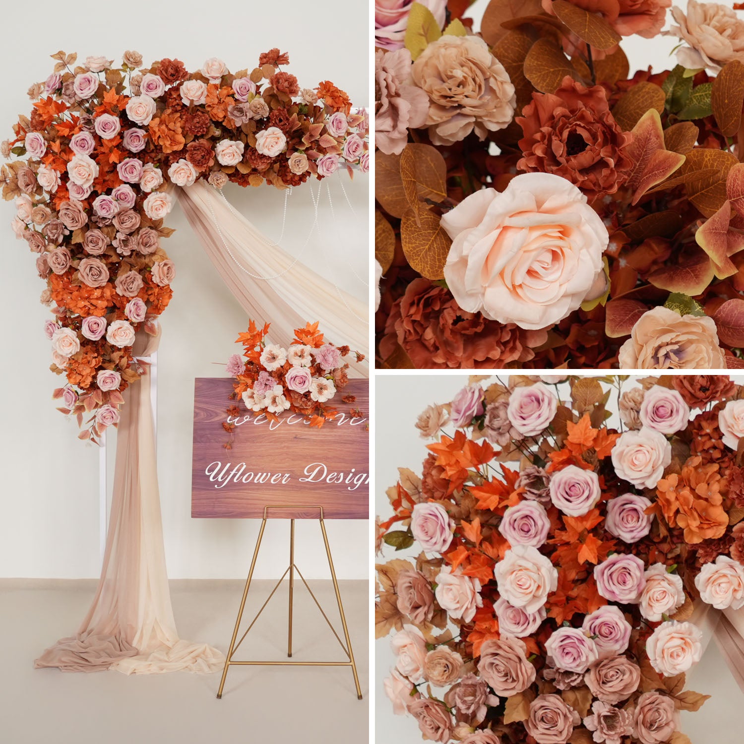 Uflower Artificial Autumn Pink Flower Row Wedding KT Backdrop Decor