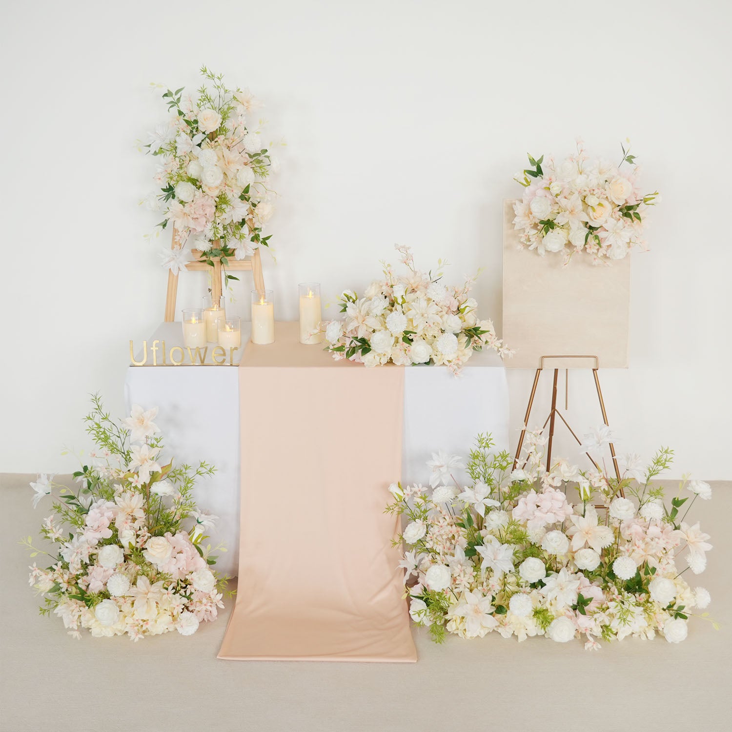 Uflower Artificial White Pink Wedding KT Backdrop Flower Row Decor