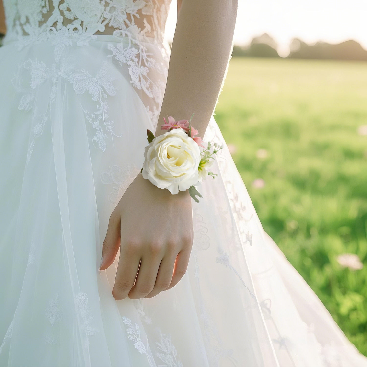 Uflower Pink White Series Bride Bouquet Wrist Corsage Groom Boutonniere Wedding Event Supplies