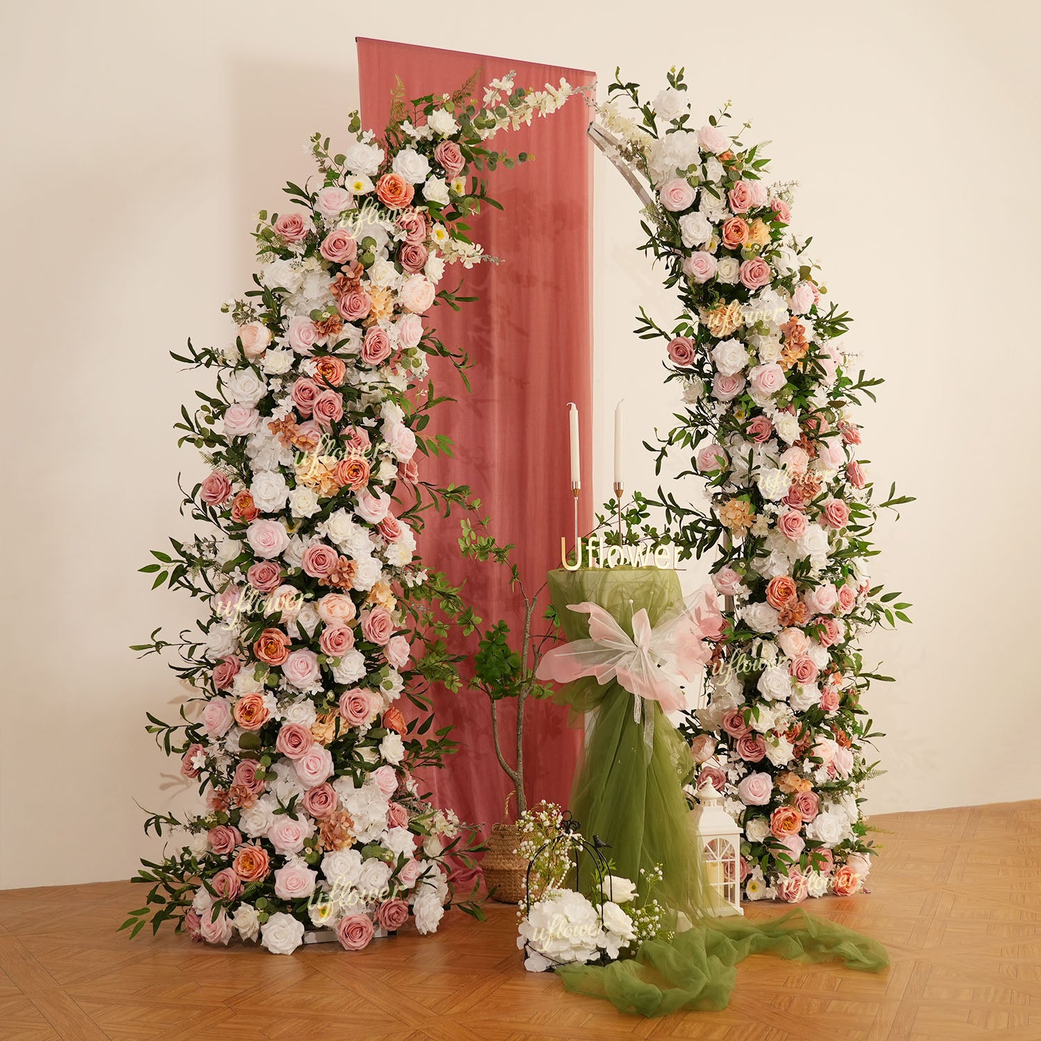 Uflower Blush Pink White Flower Horn Arch Wedding Party Birthday Backdrop Decor