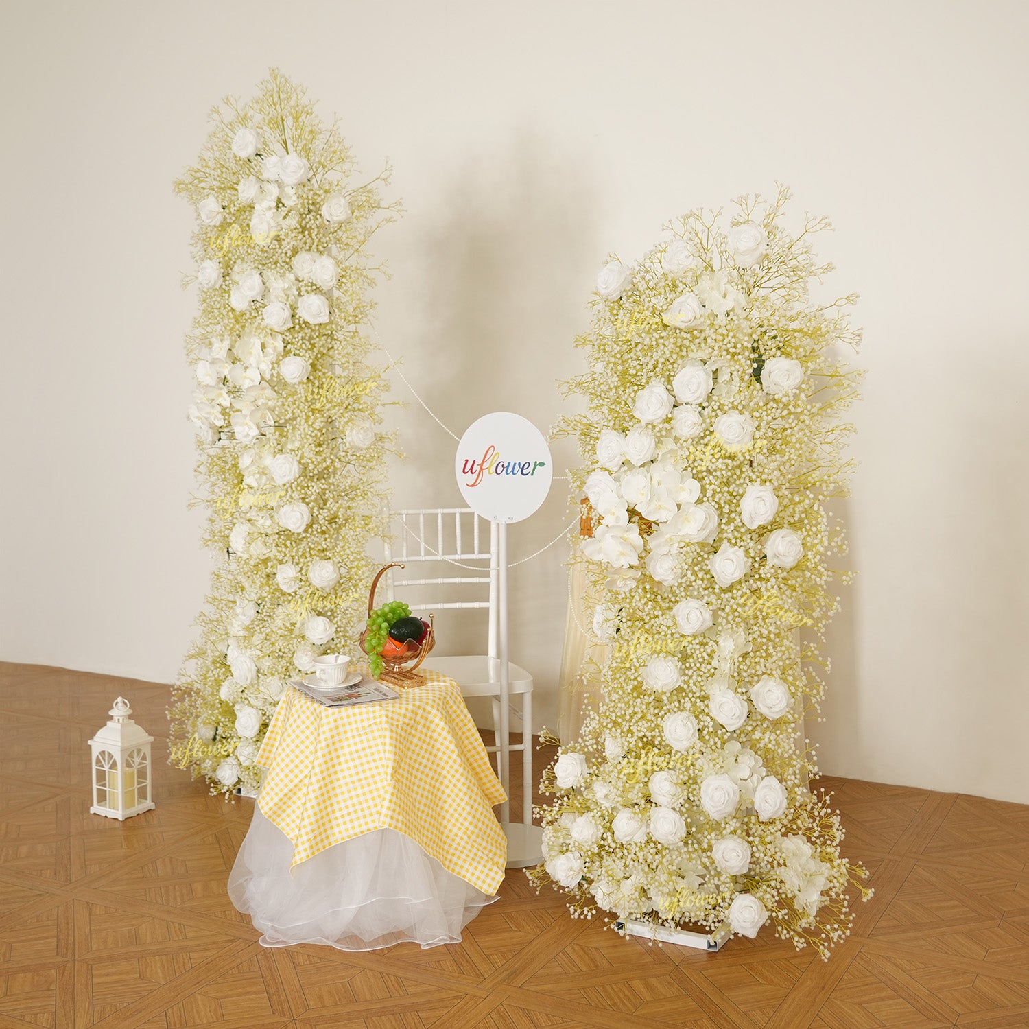 Uflower White Rose Baby Breath Wedding KT Backdrop Floral Arrangement