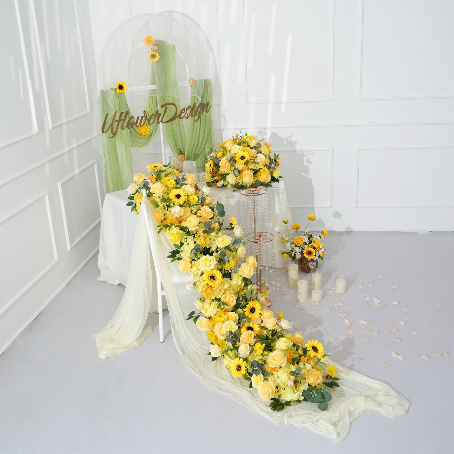 Uflower Yellow Rose Sunflower Table Runner Sofa Floral Wedding Backdrop Decor
