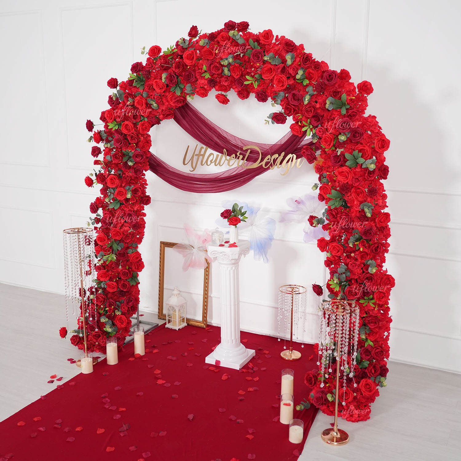 Uflower Red Rose Greenery Floral Door Arch Wedding Party Backdrop Decoration