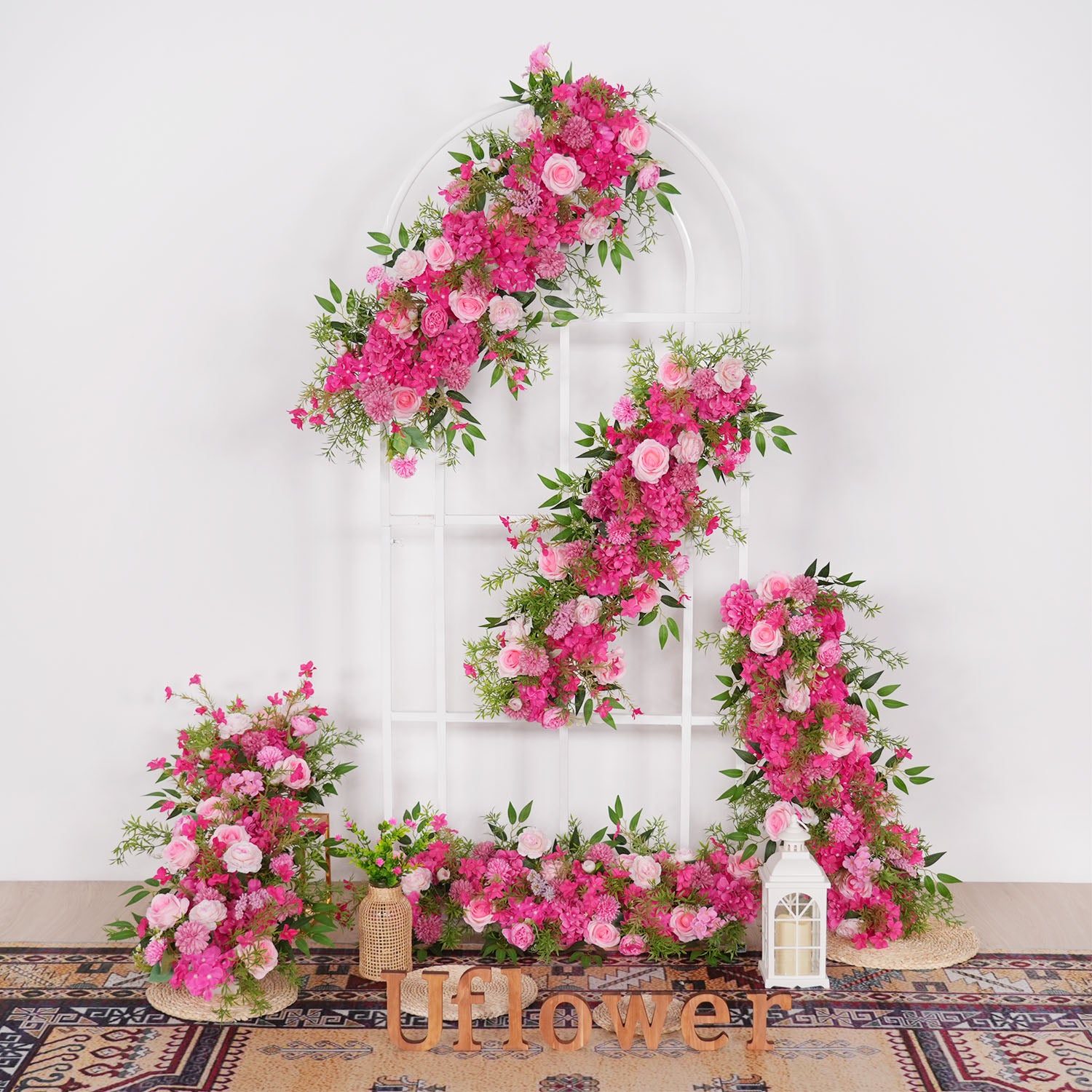 Uflower Pink Rose Green Leaf Wedding Backdrop Floral Arrangement