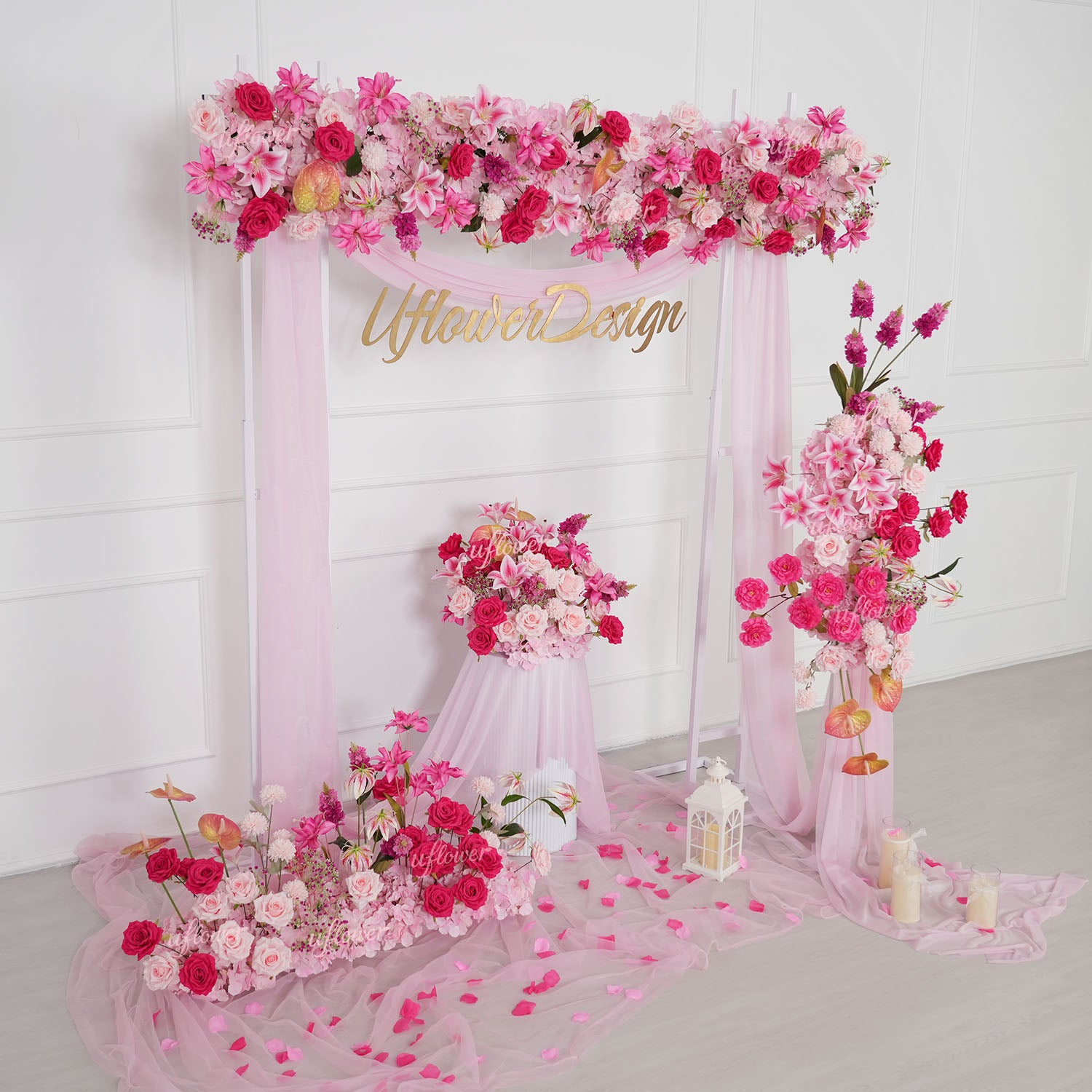 Uflower Rose Pink Floral Arrangement Wedding Backdrop Floral Props