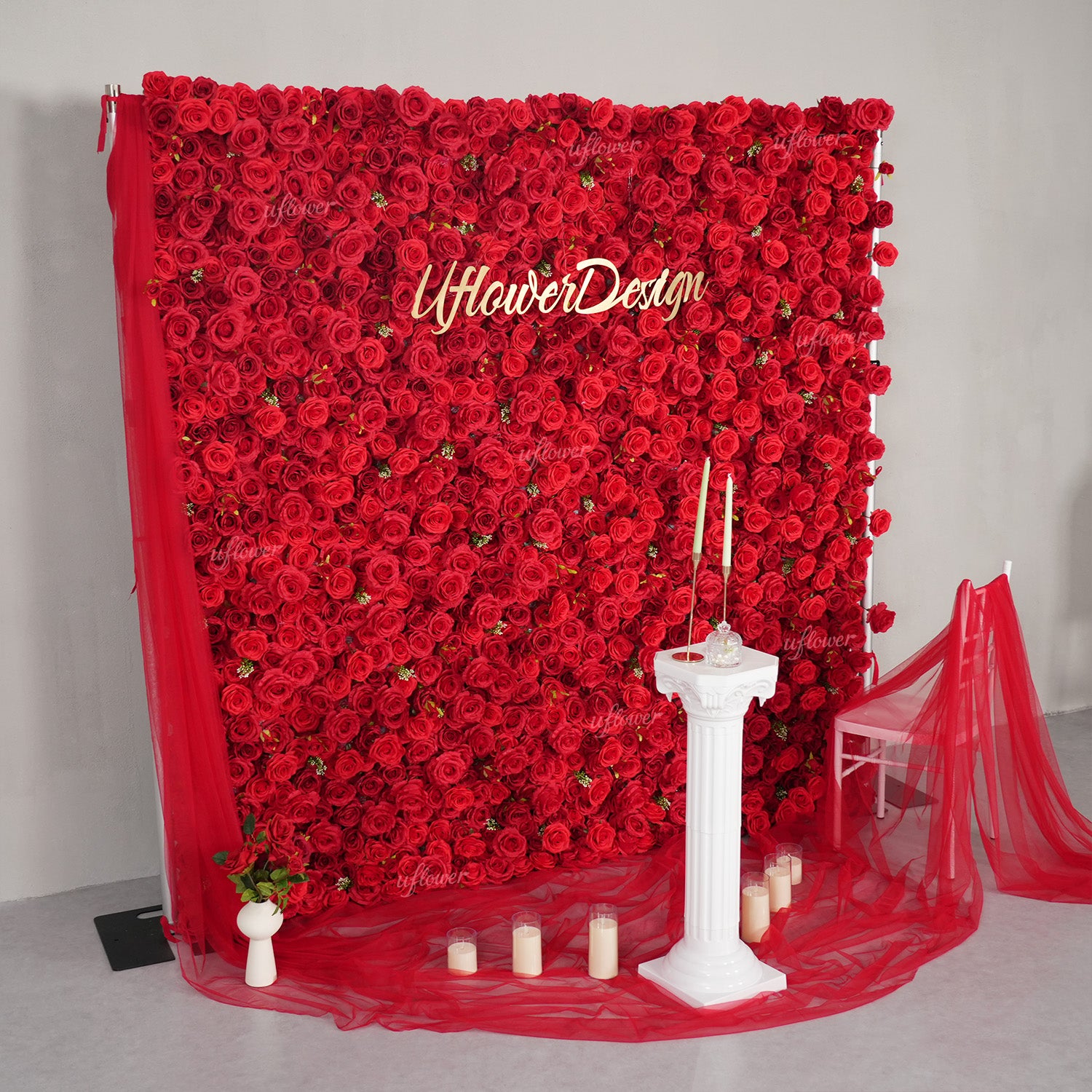 Uflower Red Rose Flower Wall Backdrop Wedding Party Decoration